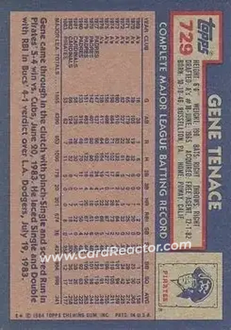 1984 Topps #729 - Gene Tenace - Pittsburgh Pirates - Back