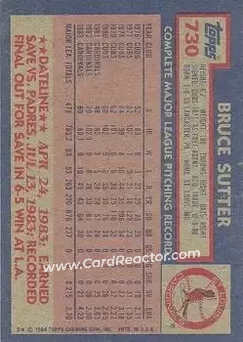 1984 Topps #730 - Bruce Sutter - St. Louis Cardinals - Back