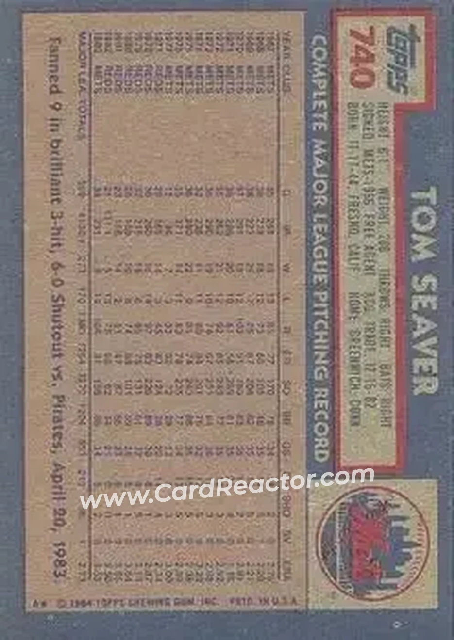 1984 Topps #740 - Tom Seaver - New York Mets - Back