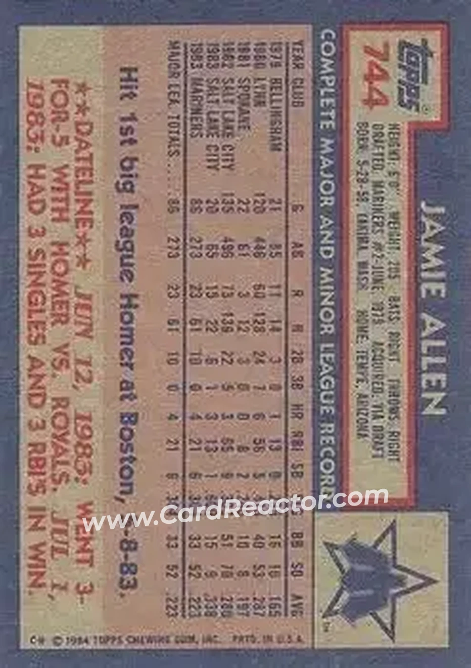 1984 Topps #744 - Jamie Allen - Seattle Mariners - Back