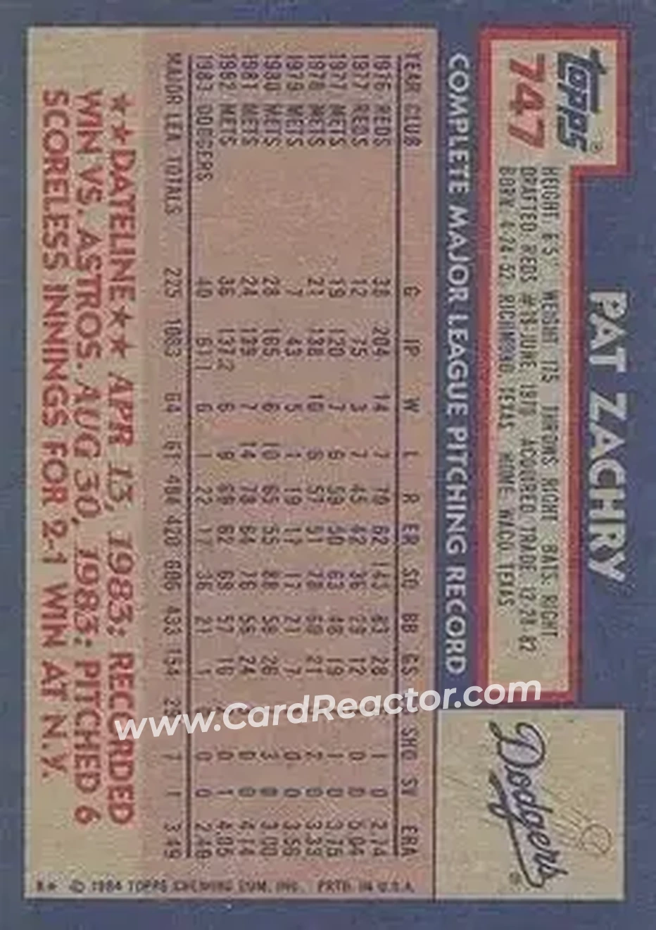 1984 Topps #747 - Pat Zachry - Los Angeles Dodgers - Back
