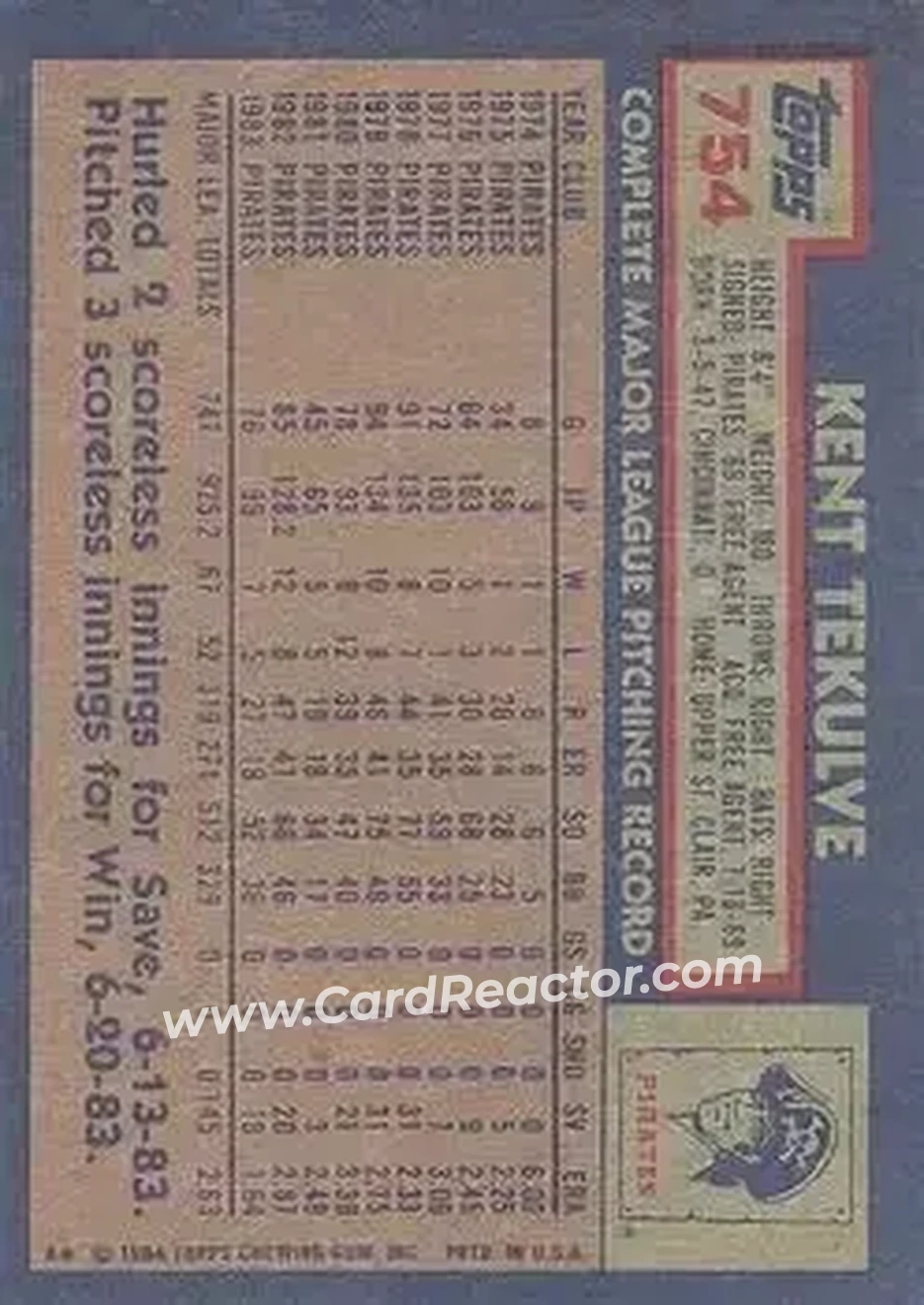 1984 Topps #754 - Kent Tekulve - Pittsburgh Pirates - Back