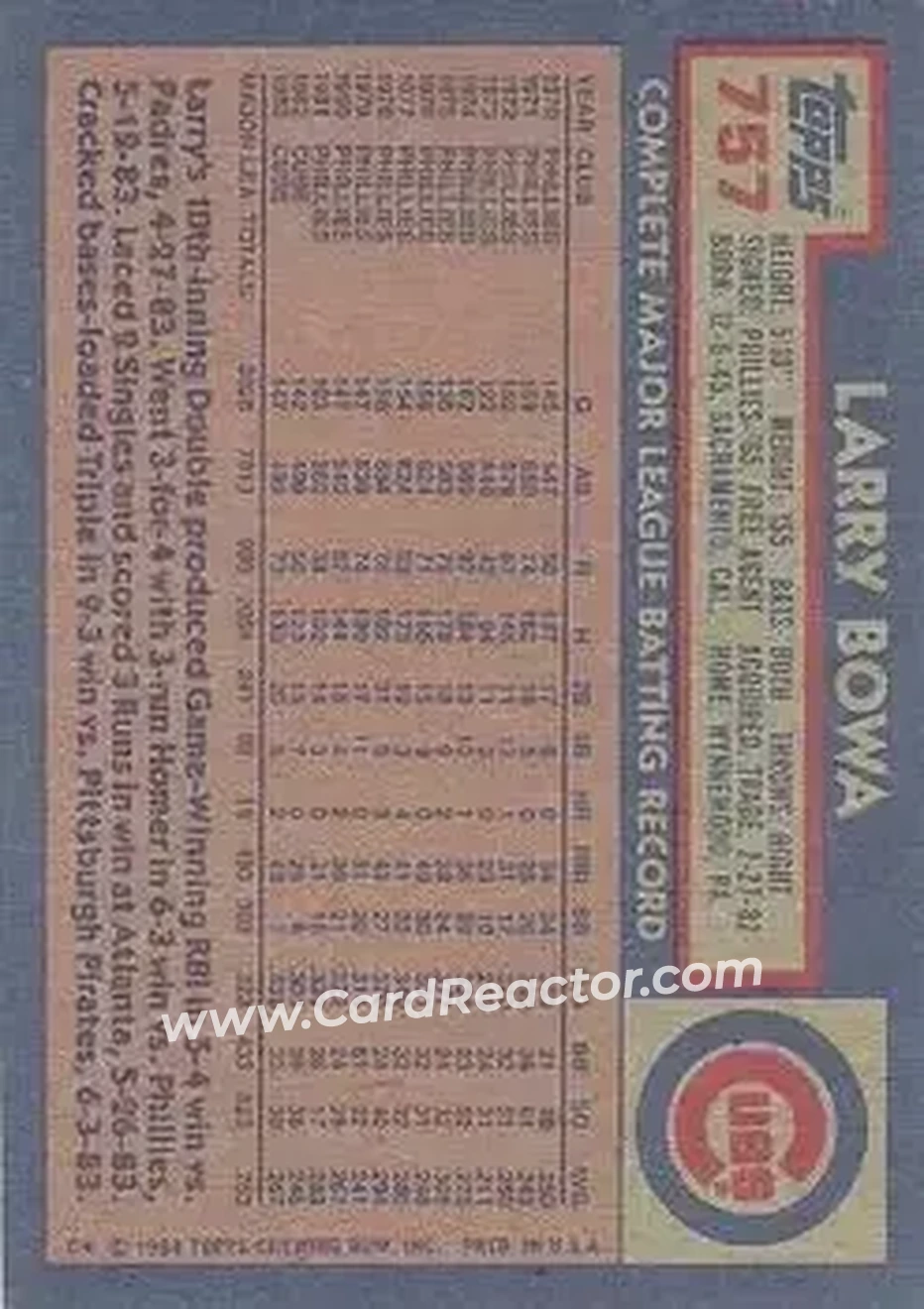 1984 Topps #757 - Larry Bowa - Chicago Cubs - Back 1984 Topps #757 - Larry Bowa - Chicago Cubs - Back