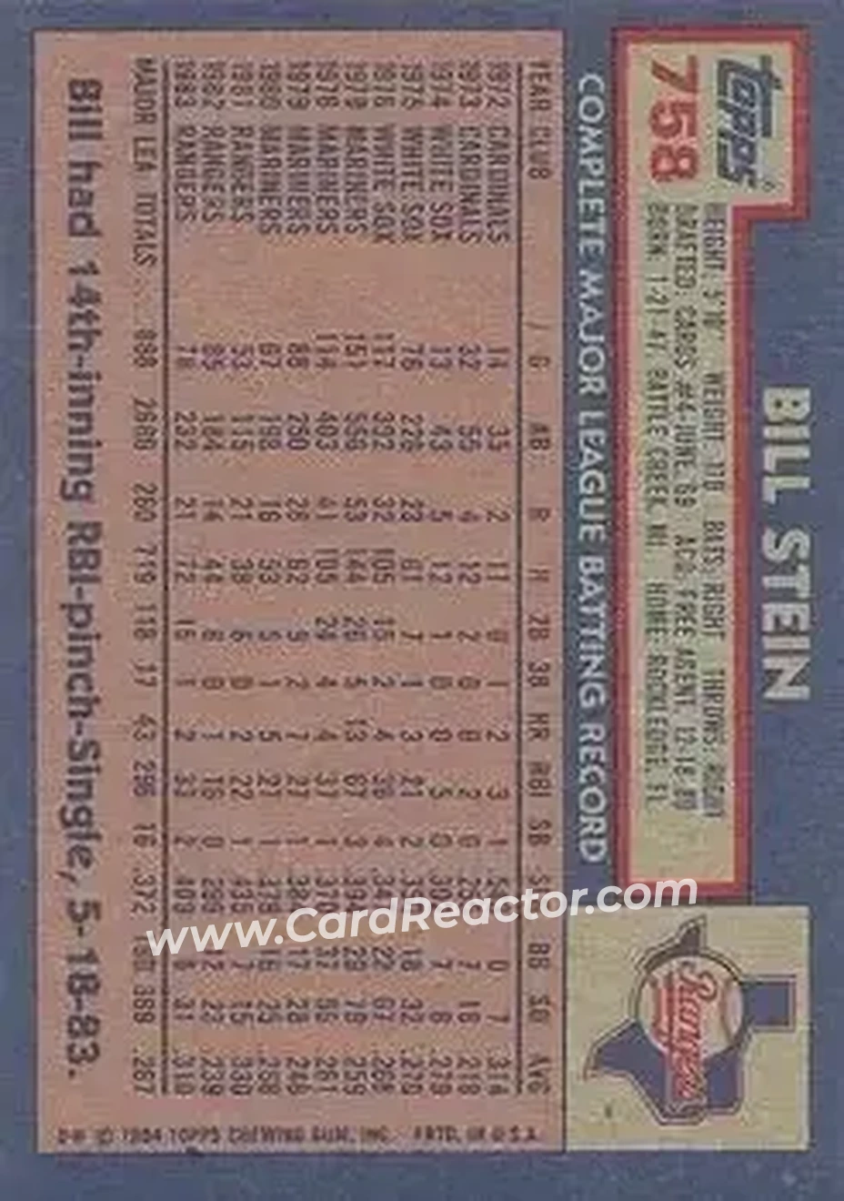 1984 Topps #758 - Bill Stein - Texas Rangers - Back 1984 Topps #758 - Bill Stein - Texas Rangers - Back