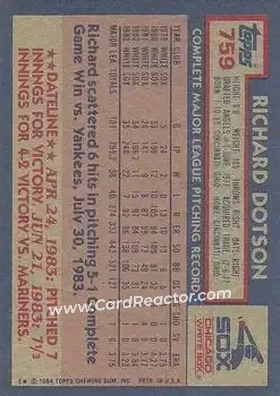 1984 Topps #759 - Rich Dotson - Chicago White Sox - Back 1984 Topps #759 - Rich Dotson - Chicago White Sox - Back