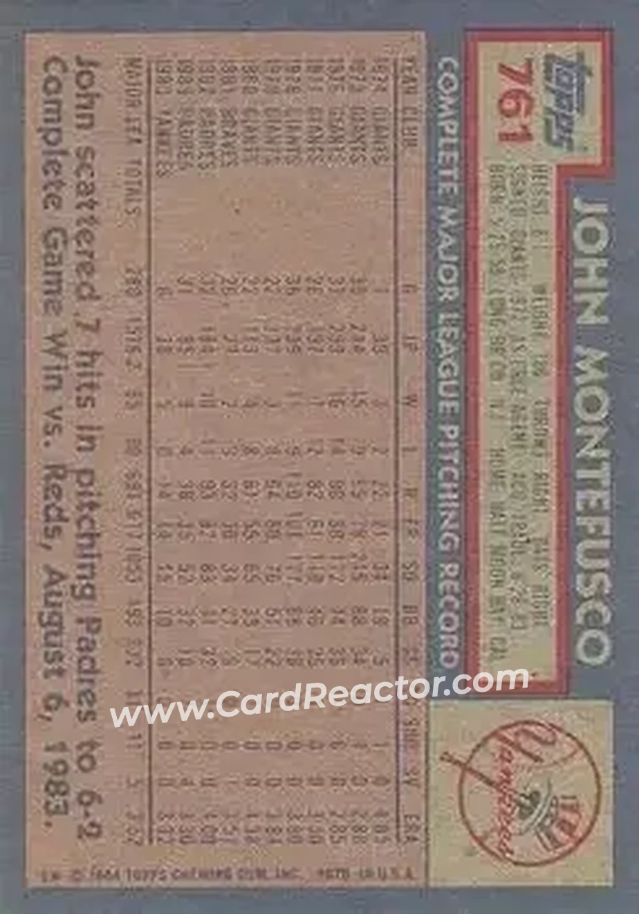 1984 Topps #761 - John Montefusco - New York Yankees - Back 1984 Topps #761 - John Montefusco - New York Yankees - Back