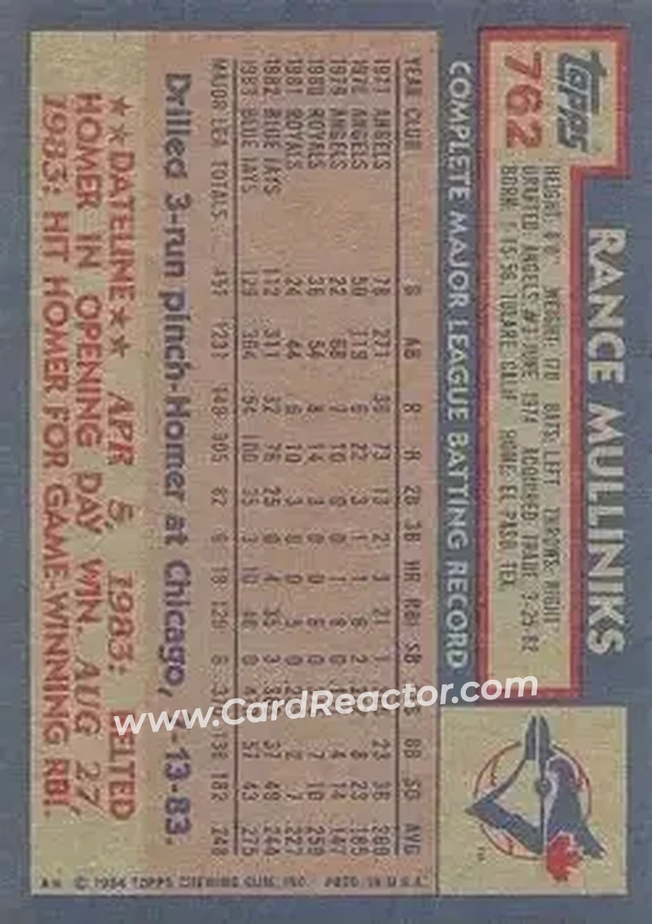 1984 Topps #762 - Rance Mulliniks - Toronto Blue Jays - Back