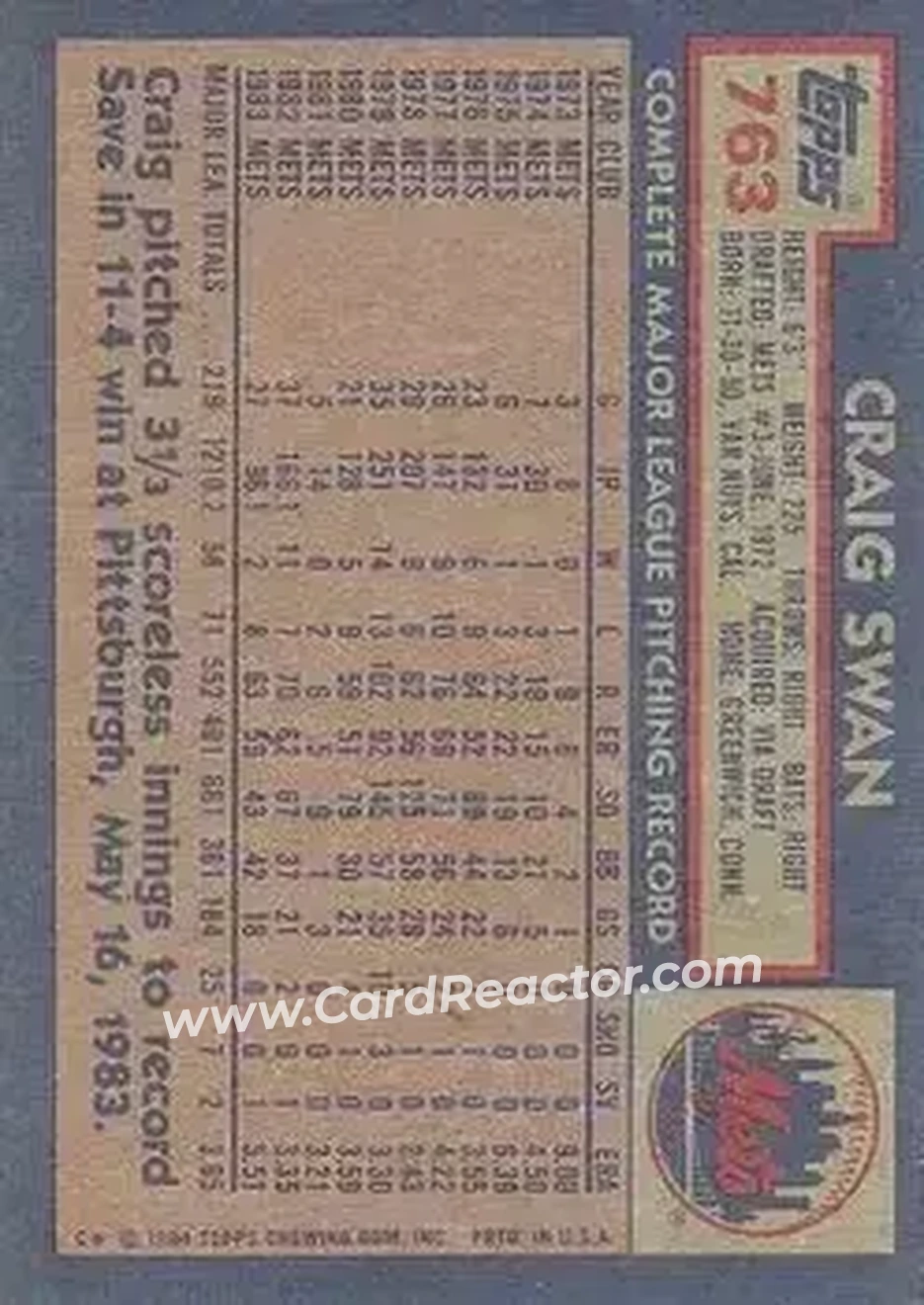 1984 Topps #763 - Craig Swan - New York Mets - Back