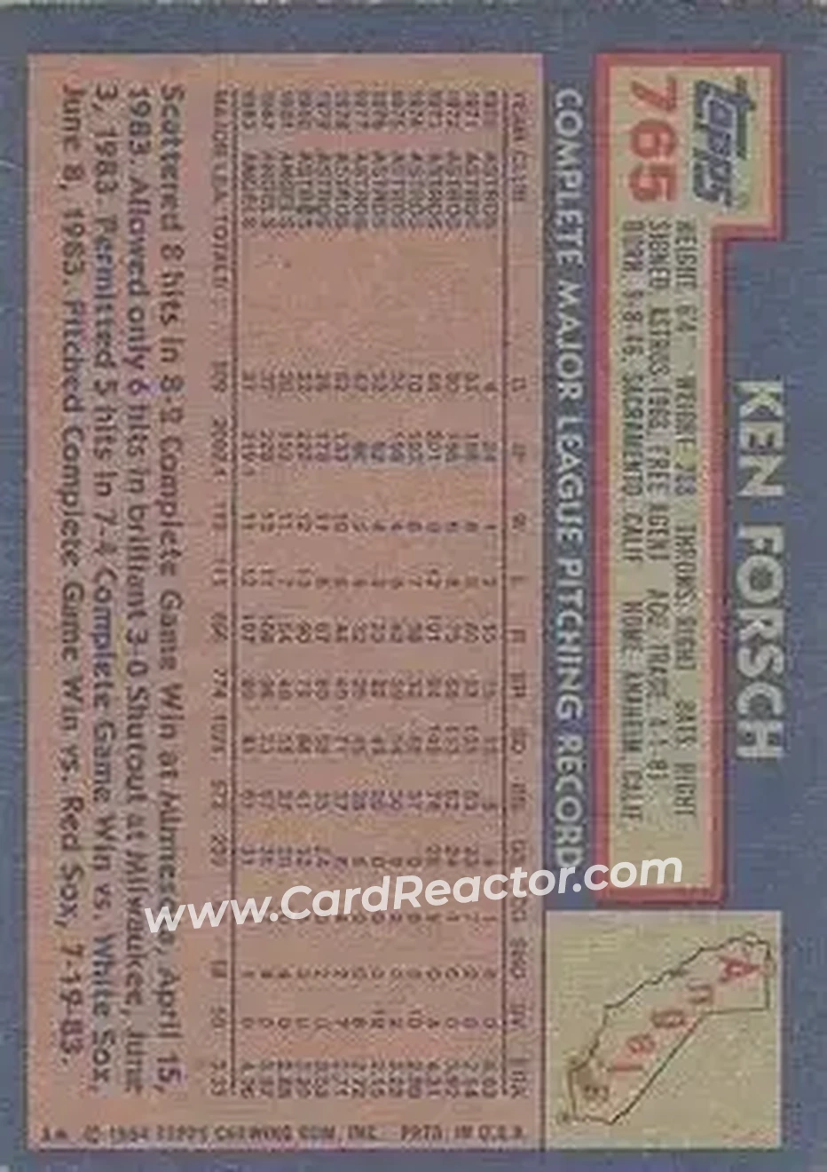 1984 Topps #765 - Ken Forsch - California Angels - Back
