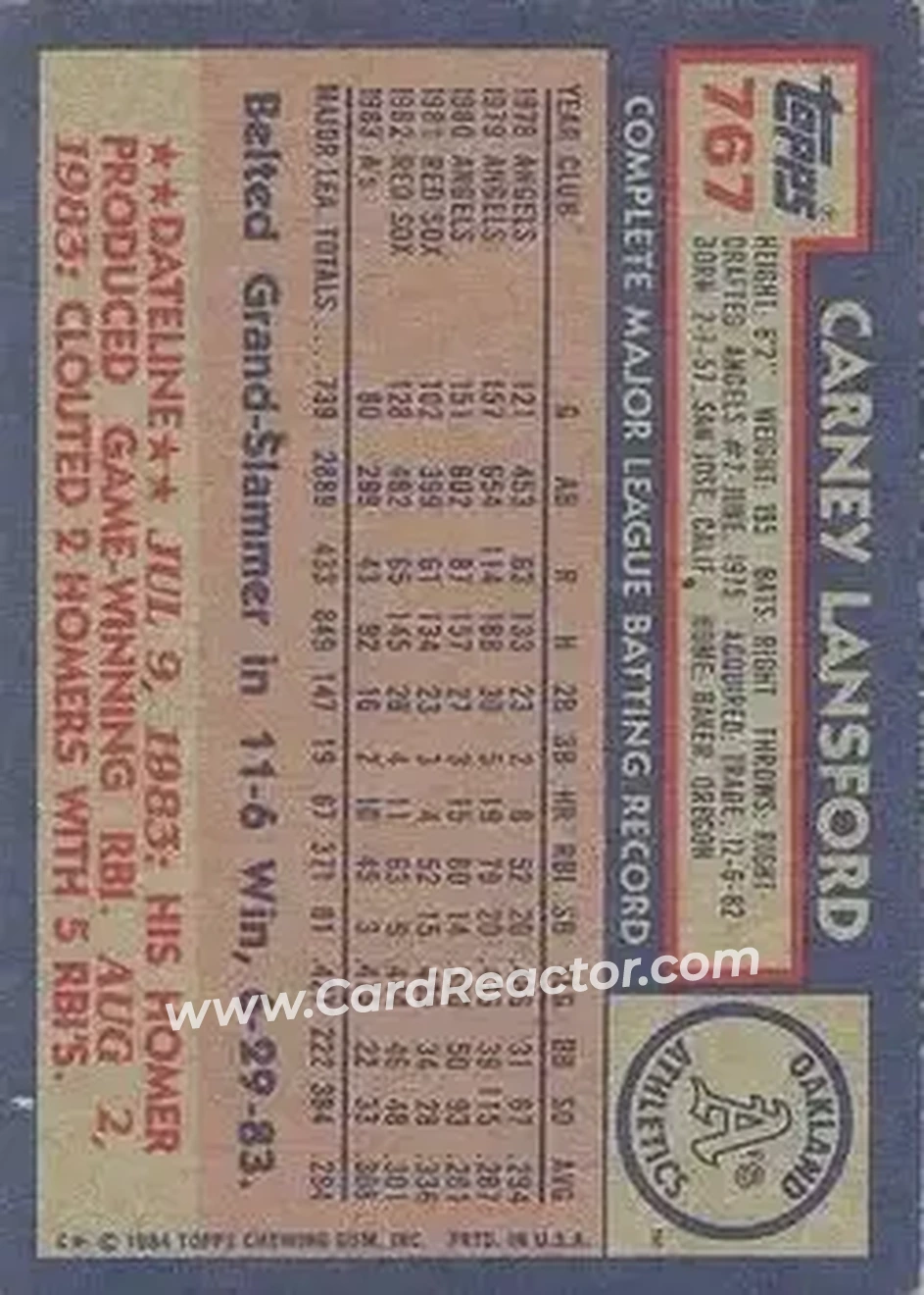 1984 Topps #767 - Carney Lansford - Oakland Athletics - Back