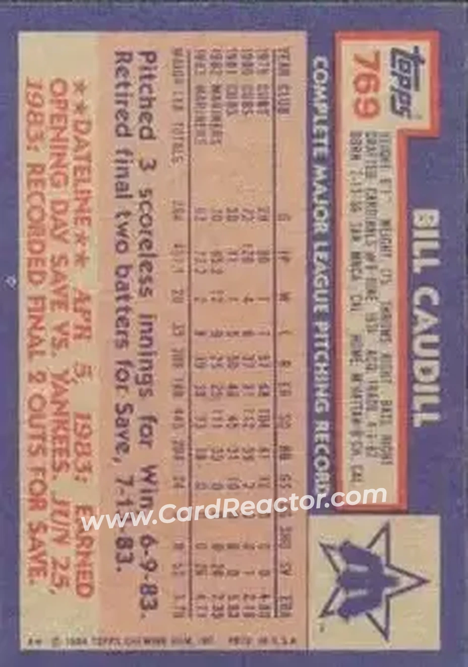 1984 Topps #769 - Bill Caudill - Seattle Mariners - Back