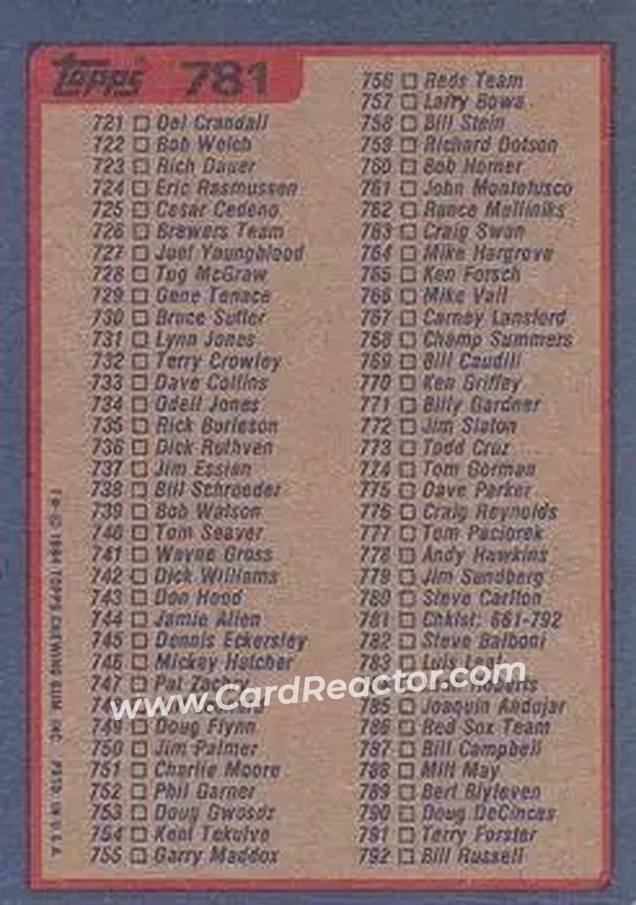 1984 Topps #781 - Checklist: 661 792 - Back