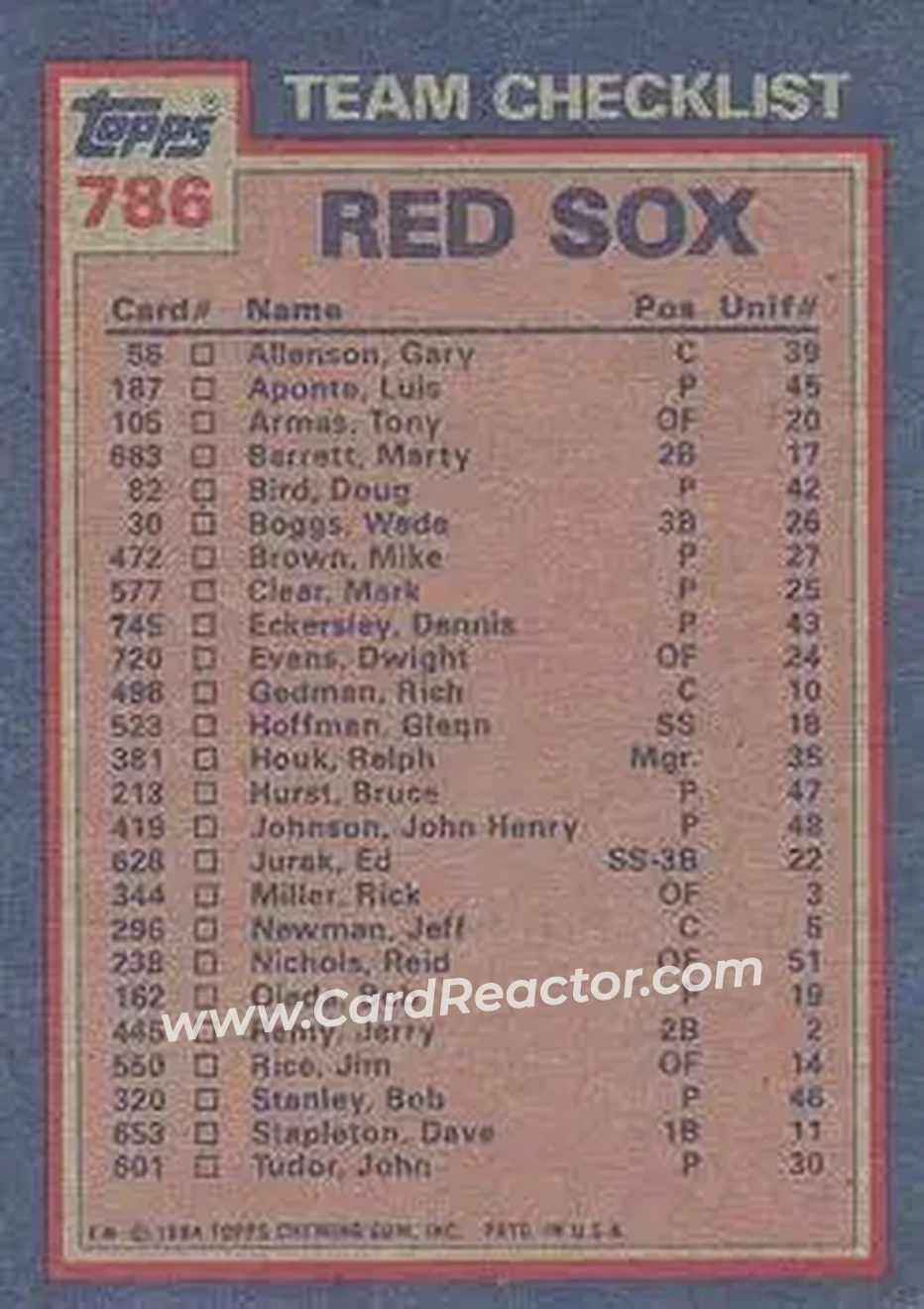 1984 Topps #786 - Bob Ojeda) - Boston Red Sox - Back 1984 Topps #786 - Bob Ojeda) - Boston Red Sox - Back