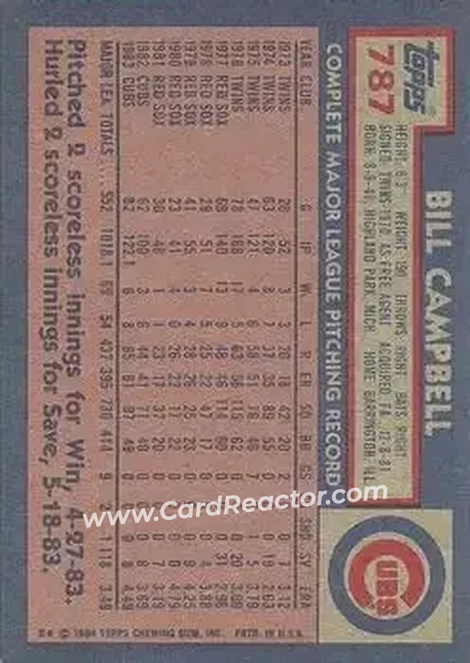 1984 Topps #787 - Bill Campbell - Chicago Cubs - Back 1984 Topps #787 - Bill Campbell - Chicago Cubs - Back