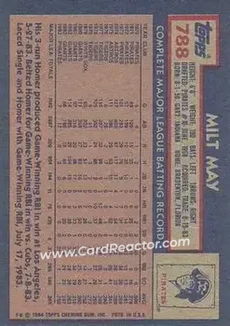 1984 Topps #788 - Milt May - Pittsburgh Pirates - Back