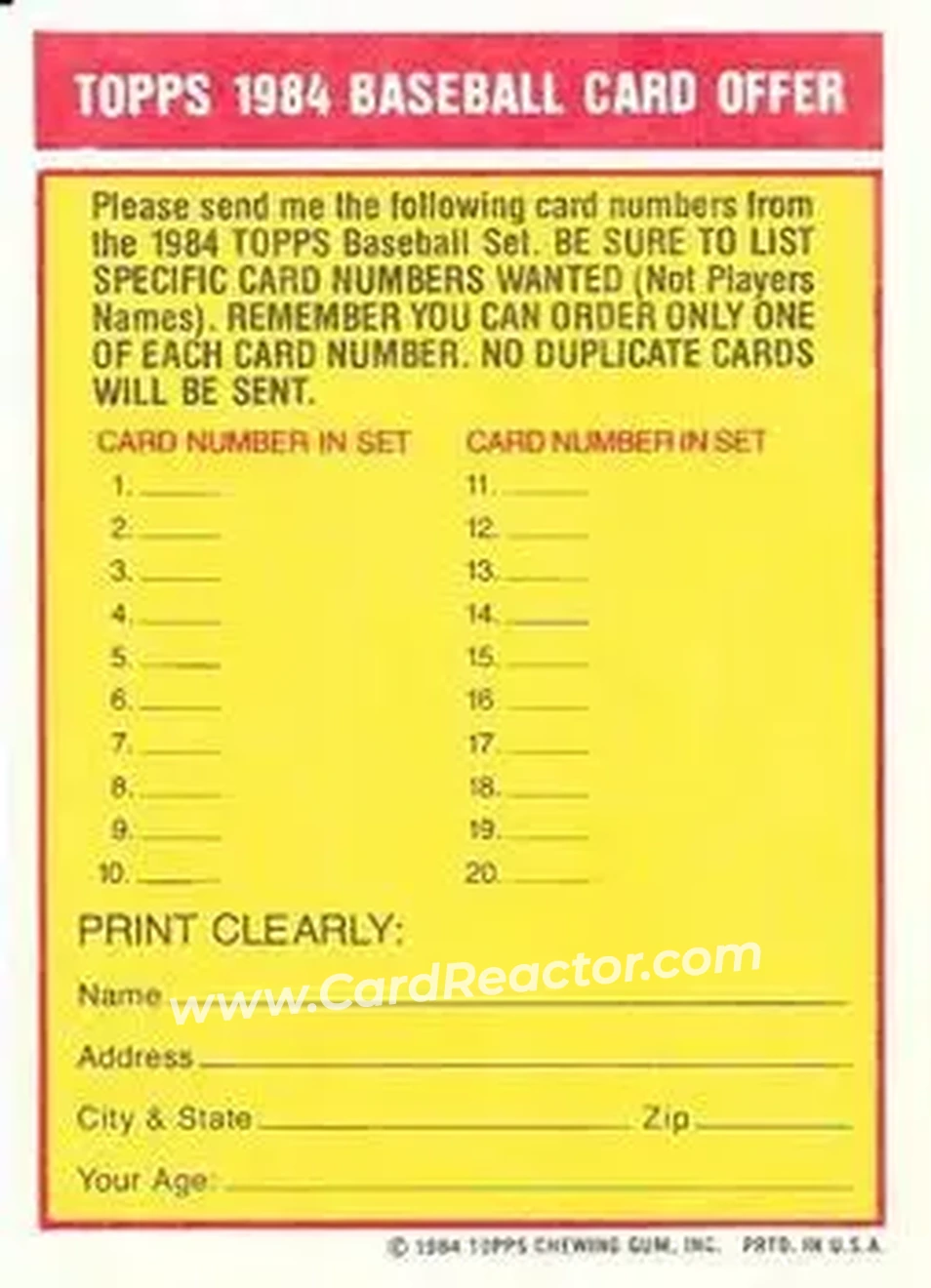 1984 Topps #NNO - Baseball Card Offer - Back