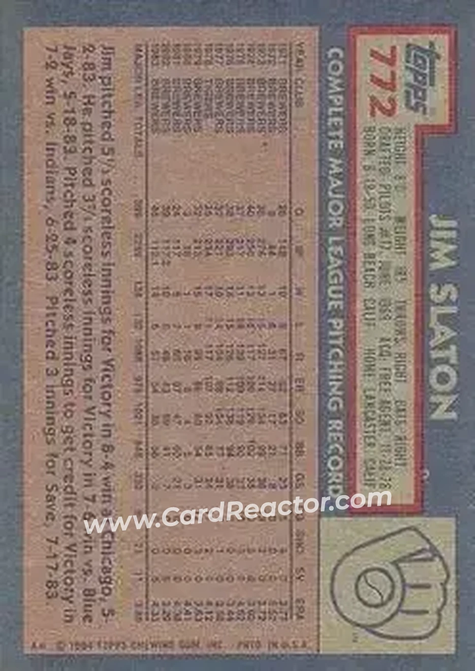 1984 Topps #772 - Jim Slaton - Milwaukee Brewers - Back 1984 Topps #772 - Jim Slaton - Milwaukee Brewers - Back