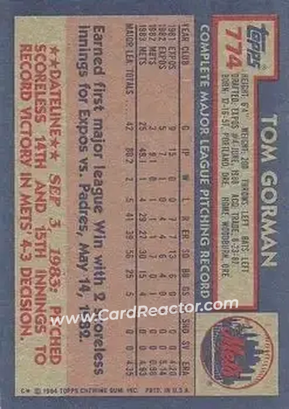 1984 Topps #774 - Tom Gorman - New York Mets - Back 1984 Topps #774 - Tom Gorman - New York Mets - Back