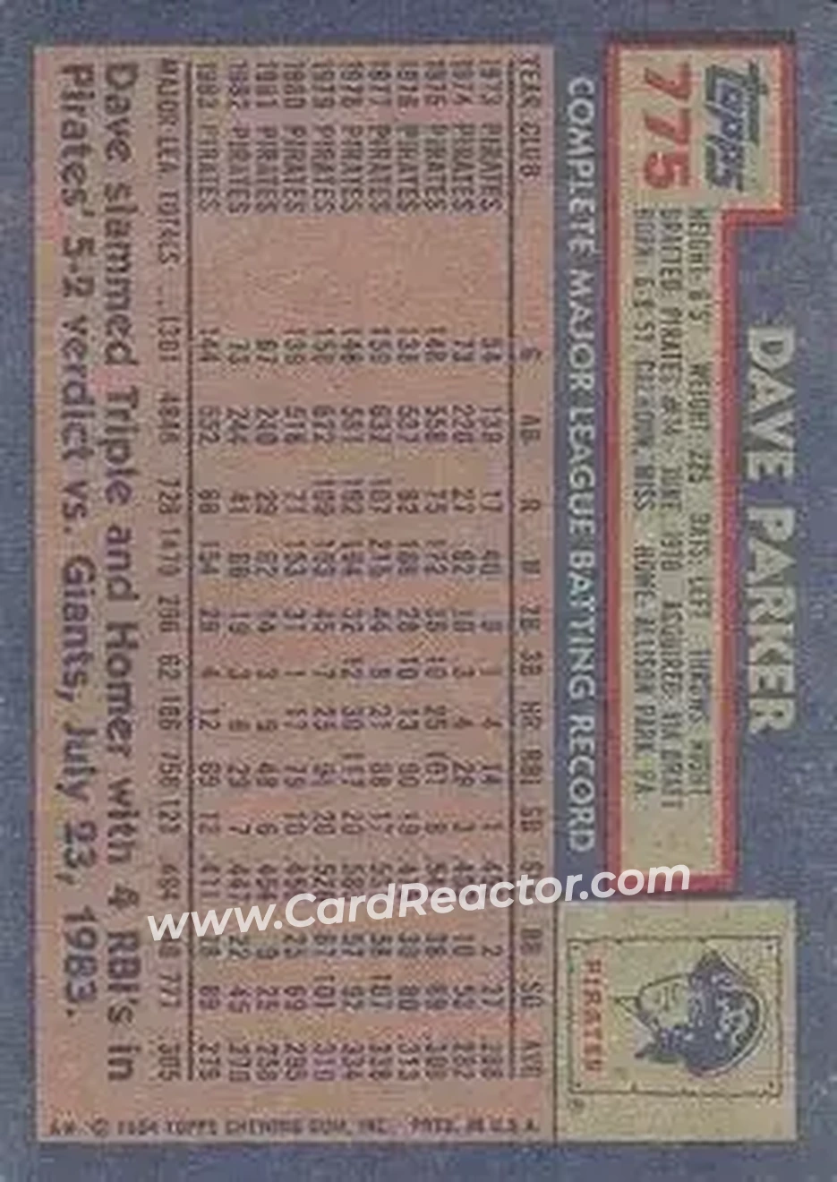1984 Topps #775 - Dave Parker - Pittsburgh Pirates - Back