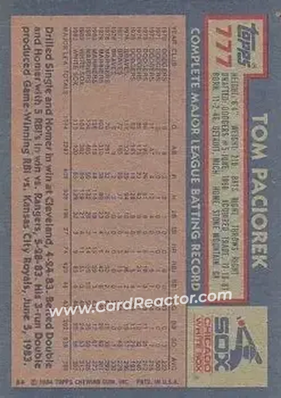 1984 Topps #777 - Tom Paciorek - Chicago White Sox - Back