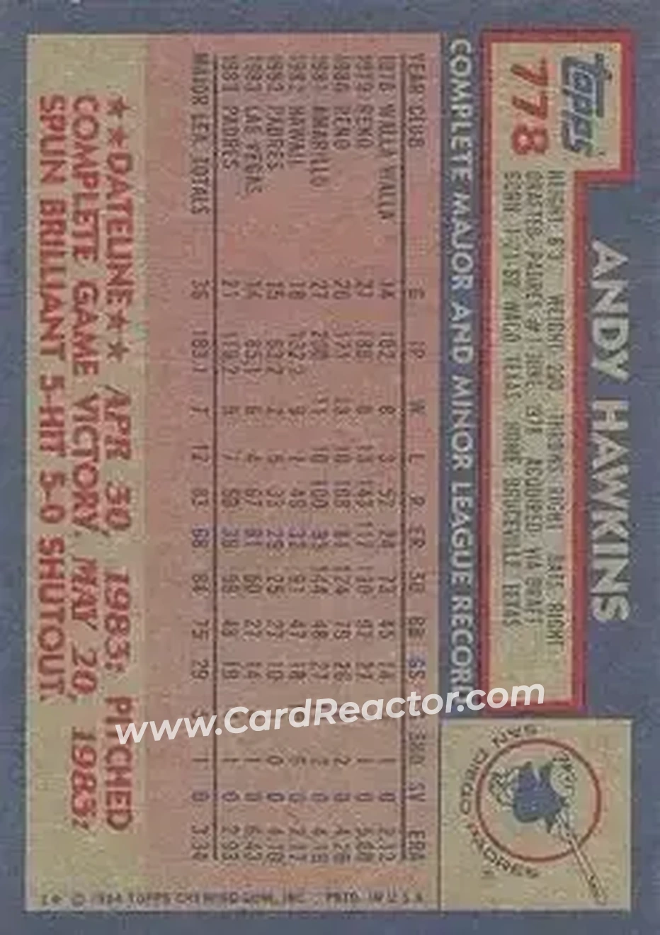 1984 Topps #778 - Andy Hawkins - San Diego Padres - Back 1984 Topps #778 - Andy Hawkins - San Diego Padres - Back