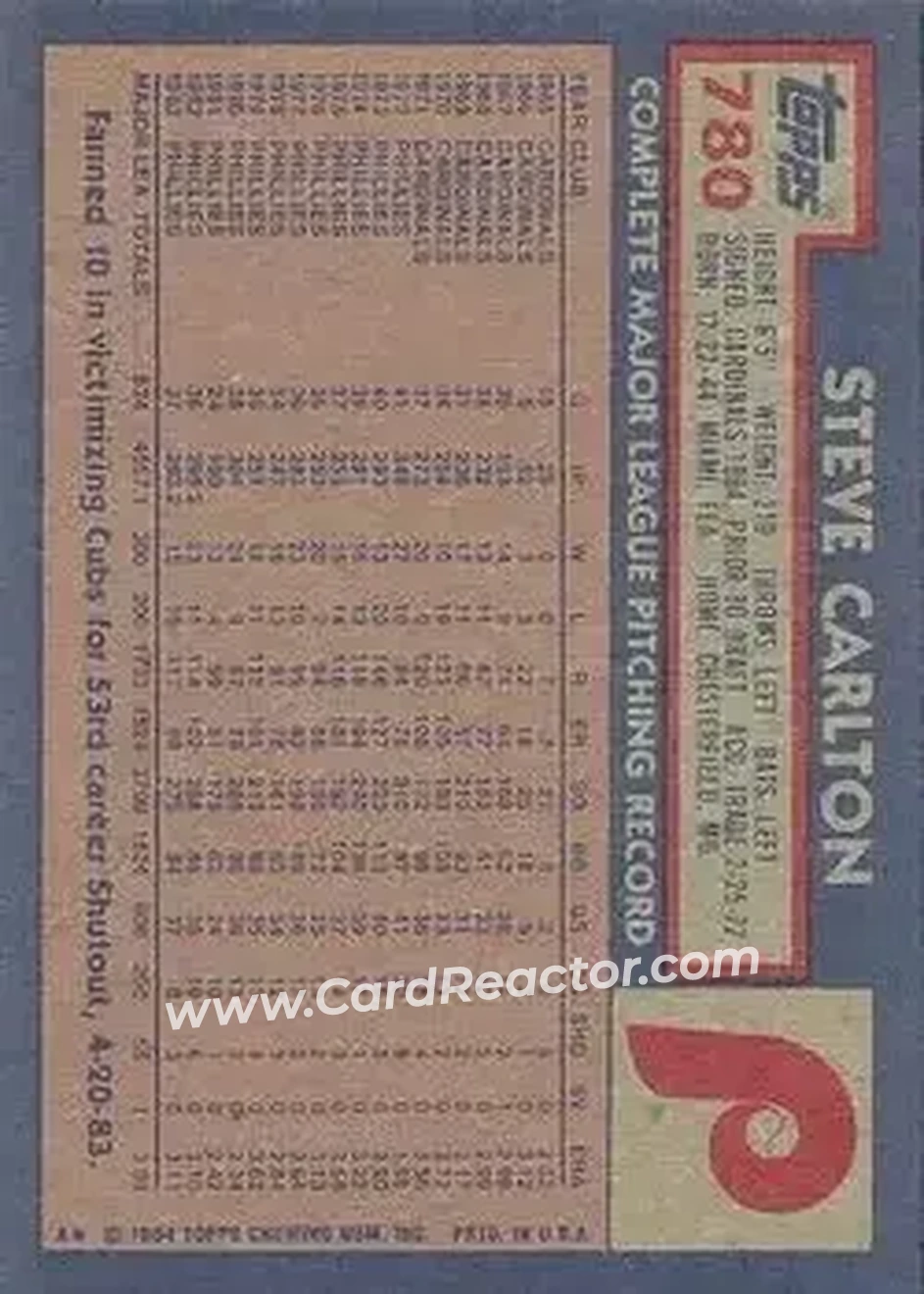 1984 Topps #780 - Steve Carlton - Philadelphia Phillies - Back 1984 Topps #780 - Steve Carlton - Philadelphia Phillies - Back