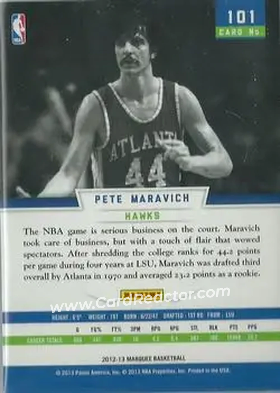 2012-13 Panini Marquee #101 - Pete Maravich - Atlanta Hawks - Back 2012-13 Panini Marquee #101 - Pete Maravich - Atlanta Hawks - Back