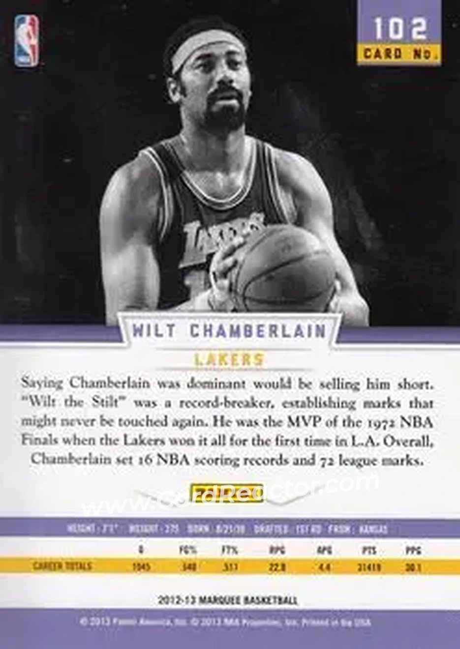 2012-13 Panini Marquee #102 - Wilt Chamberlain - Los Angeles Lakers - Back