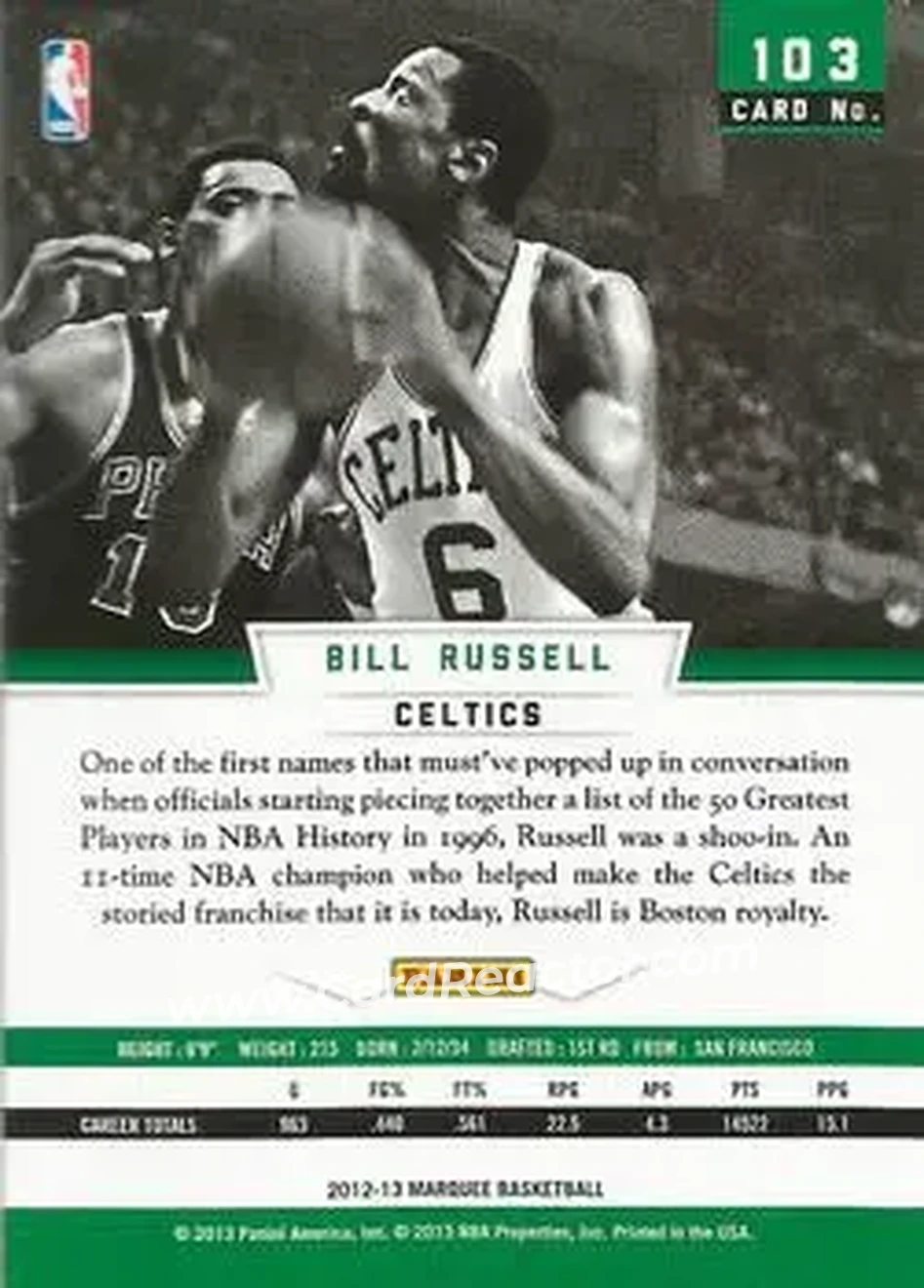 2012-13 Panini Marquee #103 - Bill Russell - Boston Celtics - Back