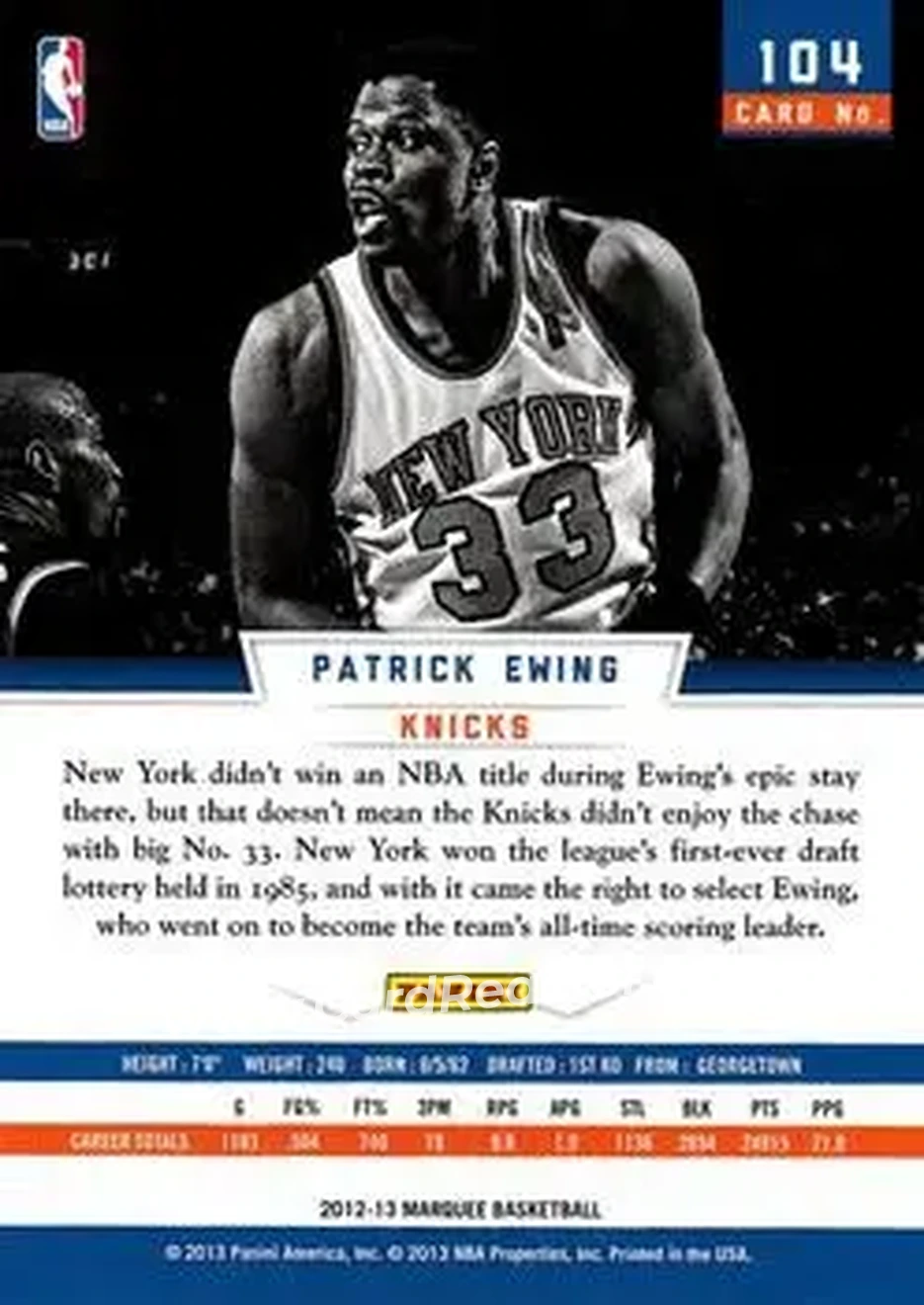 2012-13 Panini Marquee #104 - Patrick Ewing - New York Knicks - Back