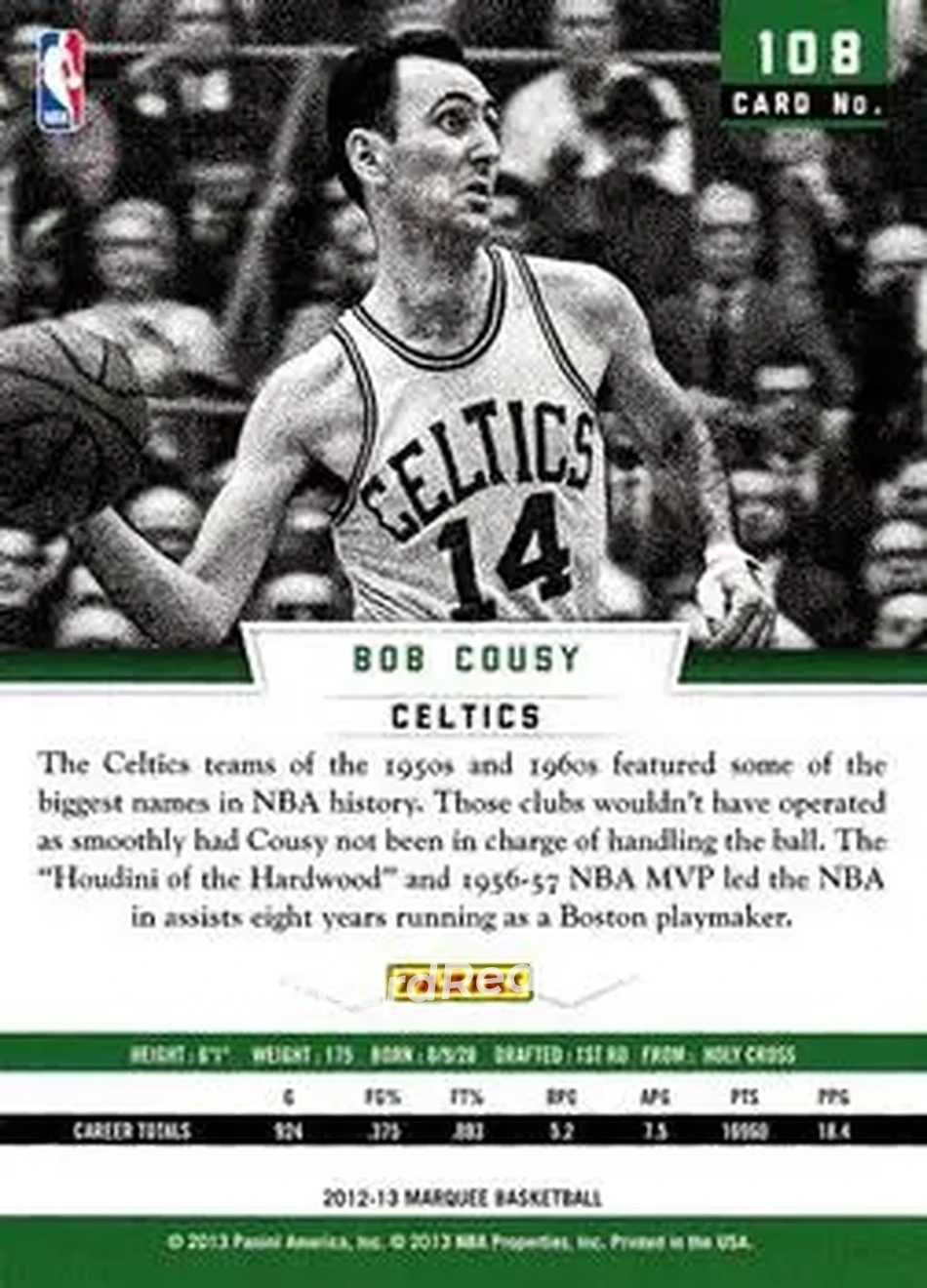 2012-13 Panini Marquee #108 - Bob Cousy - Boston Celtics - Back 2012-13 Panini Marquee #108 - Bob Cousy - Boston Celtics - Back