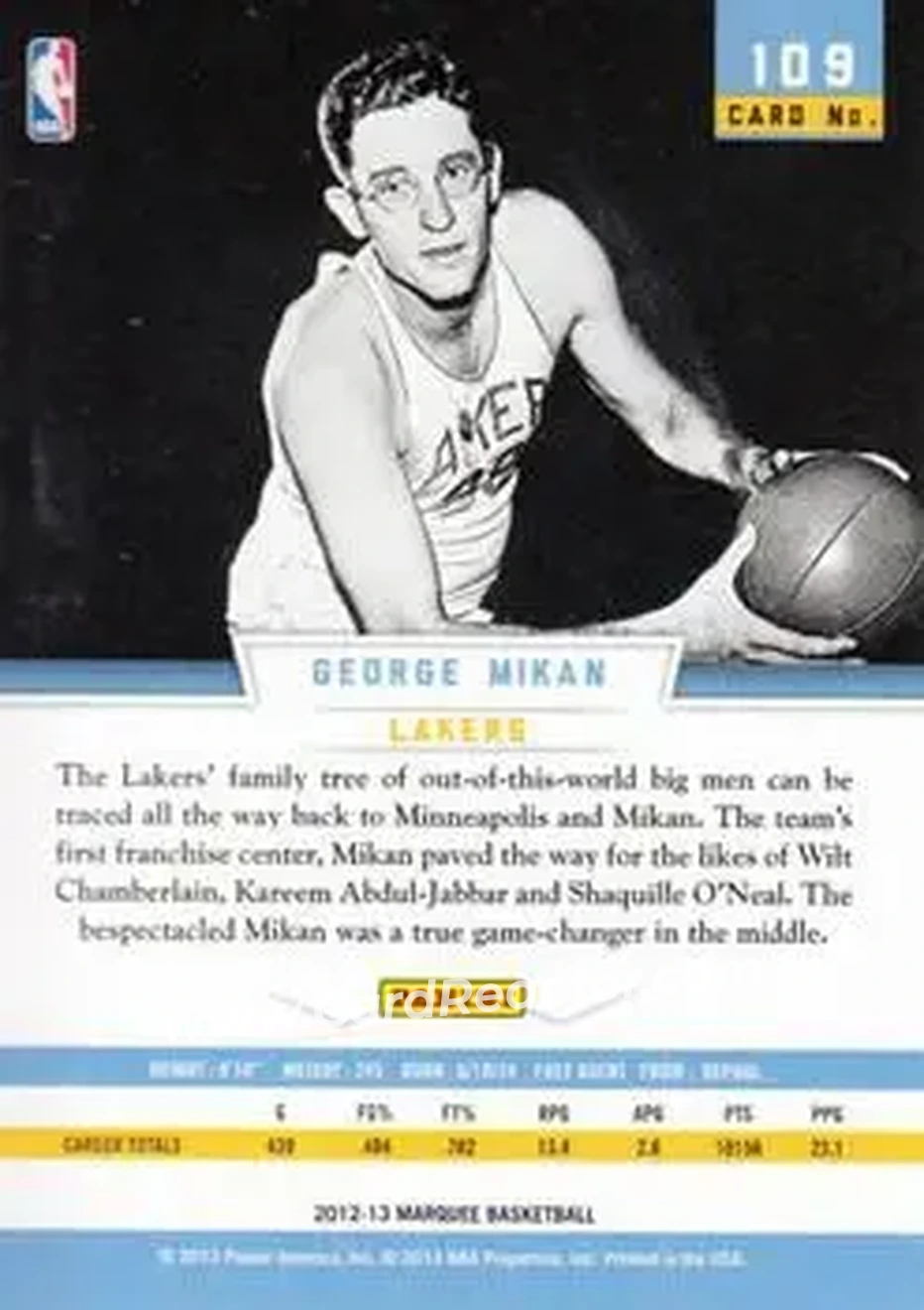 2012-13 Panini Marquee #109 - George Mikan - Minneapolis Lakers - Back
