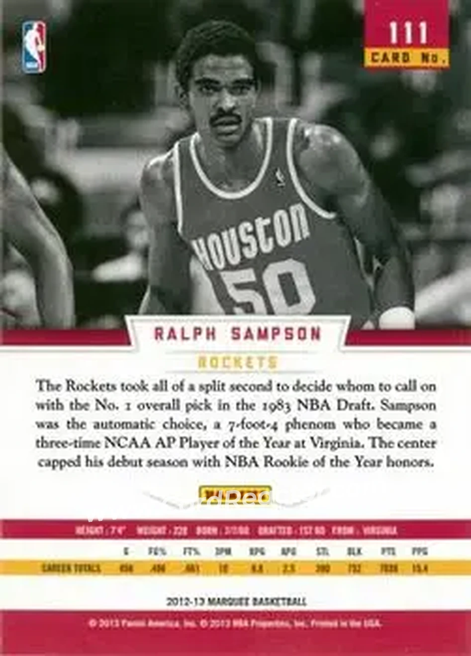 2012-13 Panini Marquee #111 - Ralph Sampson - Houston Rockets - Back