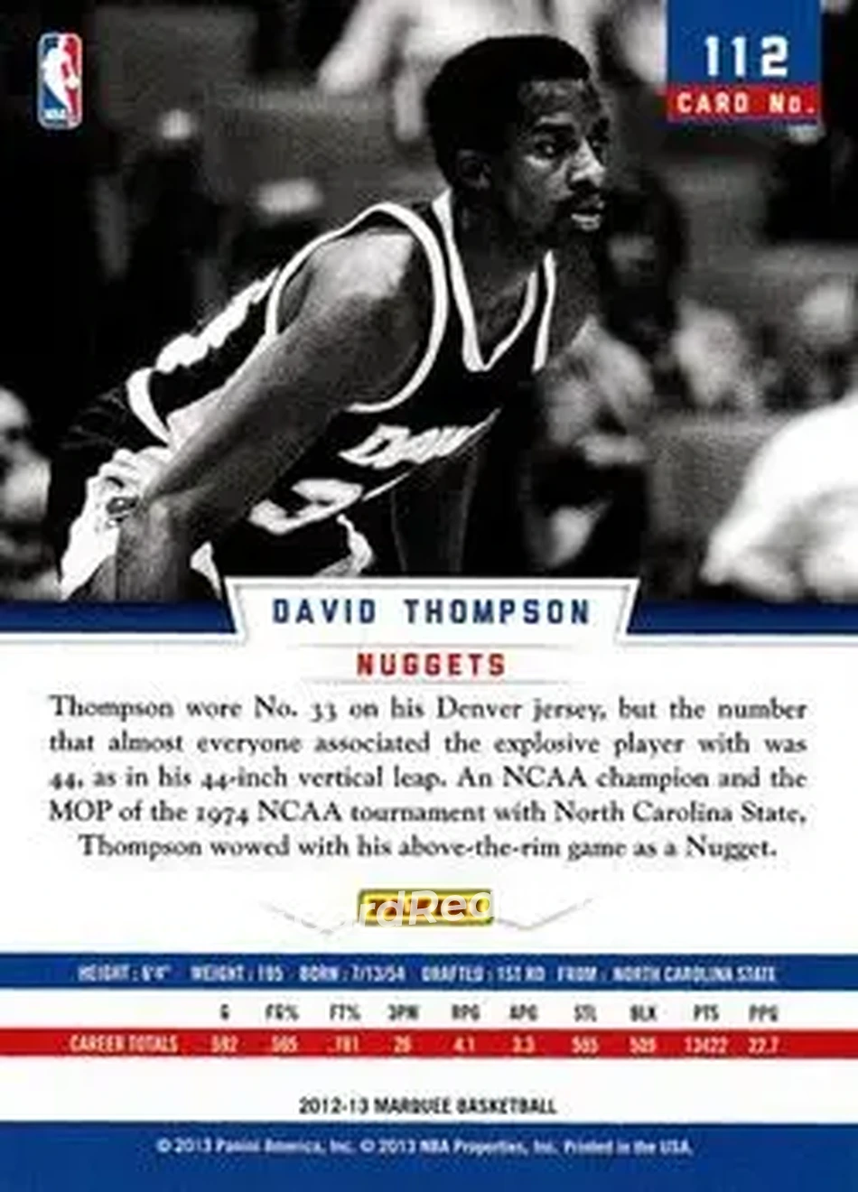 2012-13 Panini Marquee #112 - David Thompson - Denver Nuggets - Back