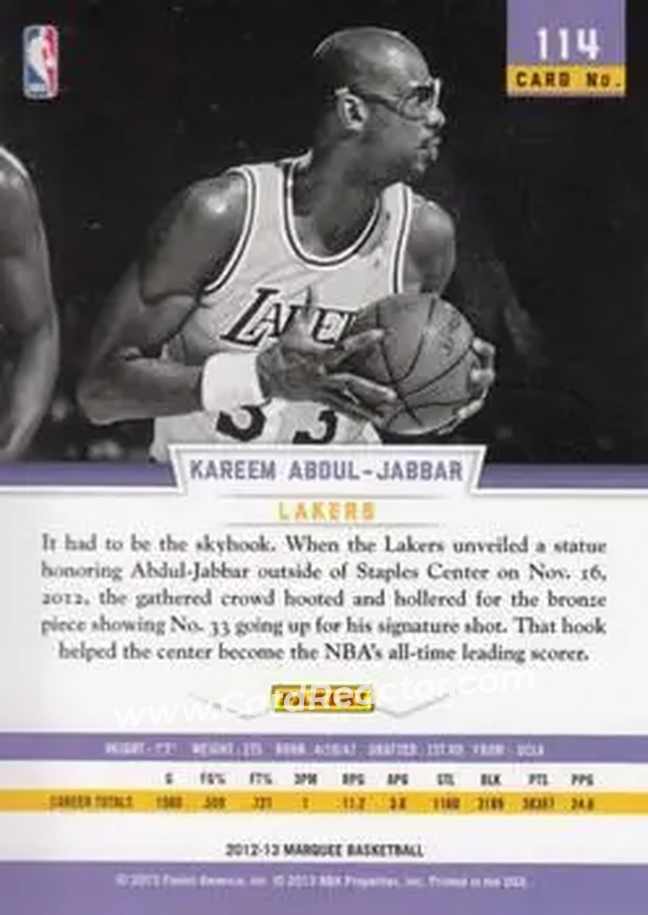 2012-13 Panini Marquee #114 - Kareem Abdul-Jabbar - Los Angeles Lakers - Back 2012-13 Panini Marquee #114 - Kareem Abdul-Jabbar - Los Angeles Lakers - Back