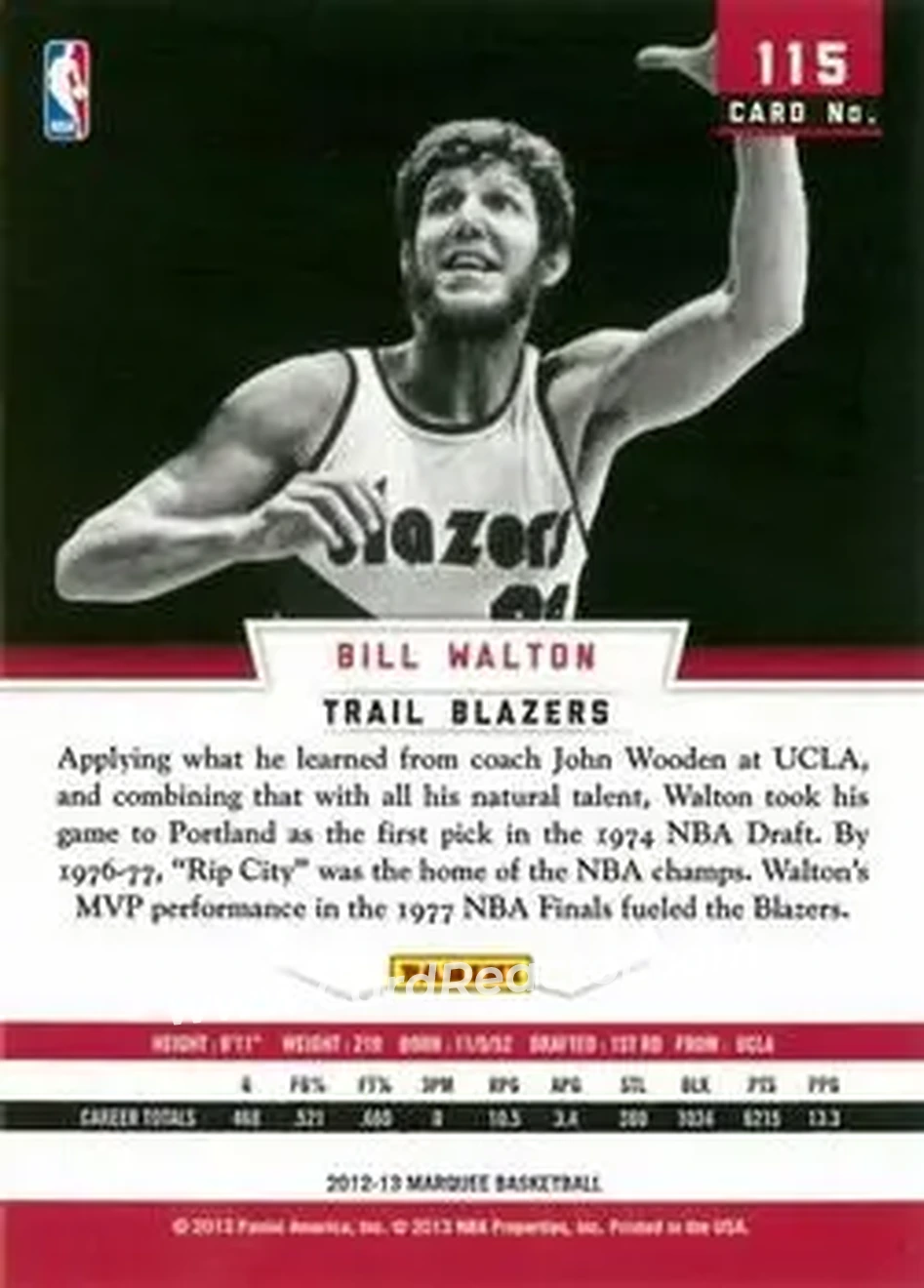 2012-13 Panini Marquee #115 - Bill Walton - Portland Trail Blazers - Back 2012-13 Panini Marquee #115 - Bill Walton - Portland Trail Blazers - Back