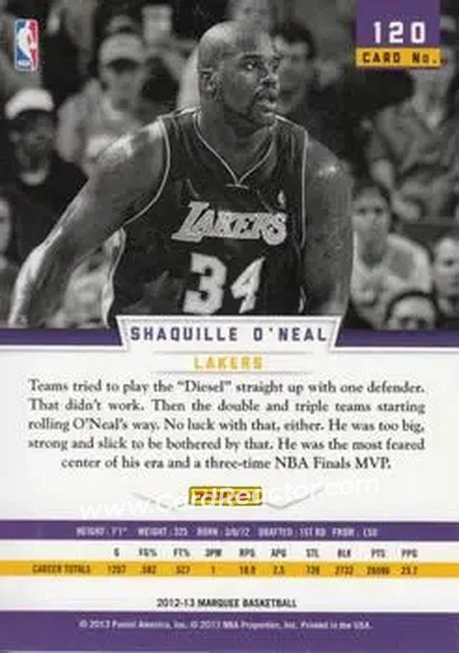 2012-13 Panini Marquee #120 - Shaquille O'Neal - Los Angeles Lakers - Back 2012-13 Panini Marquee #120 - Shaquille O'Neal - Los Angeles Lakers - Back
