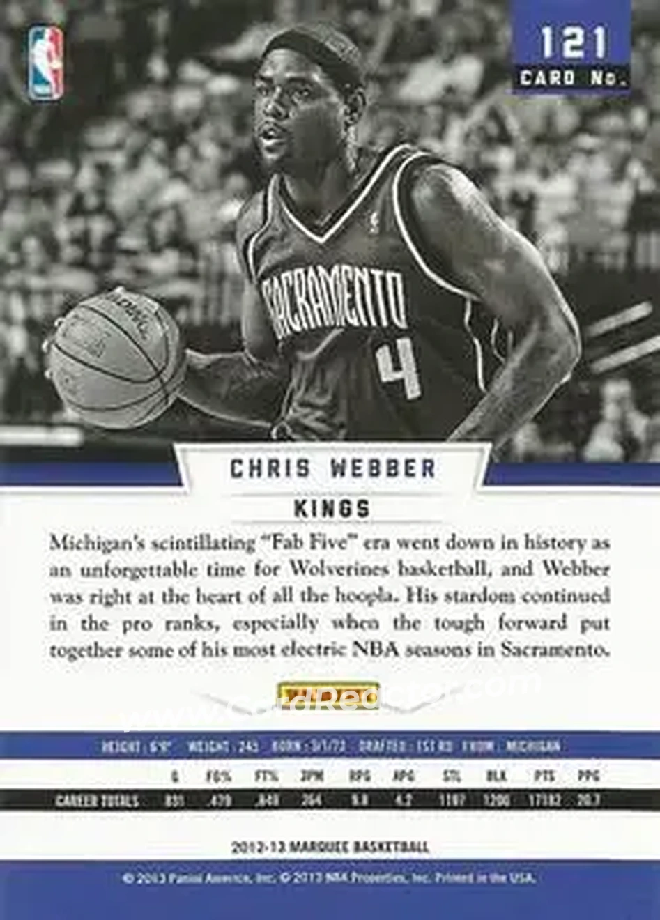 2012-13 Panini Marquee #121 - Chris Webber - Sacramento Kings - Back
