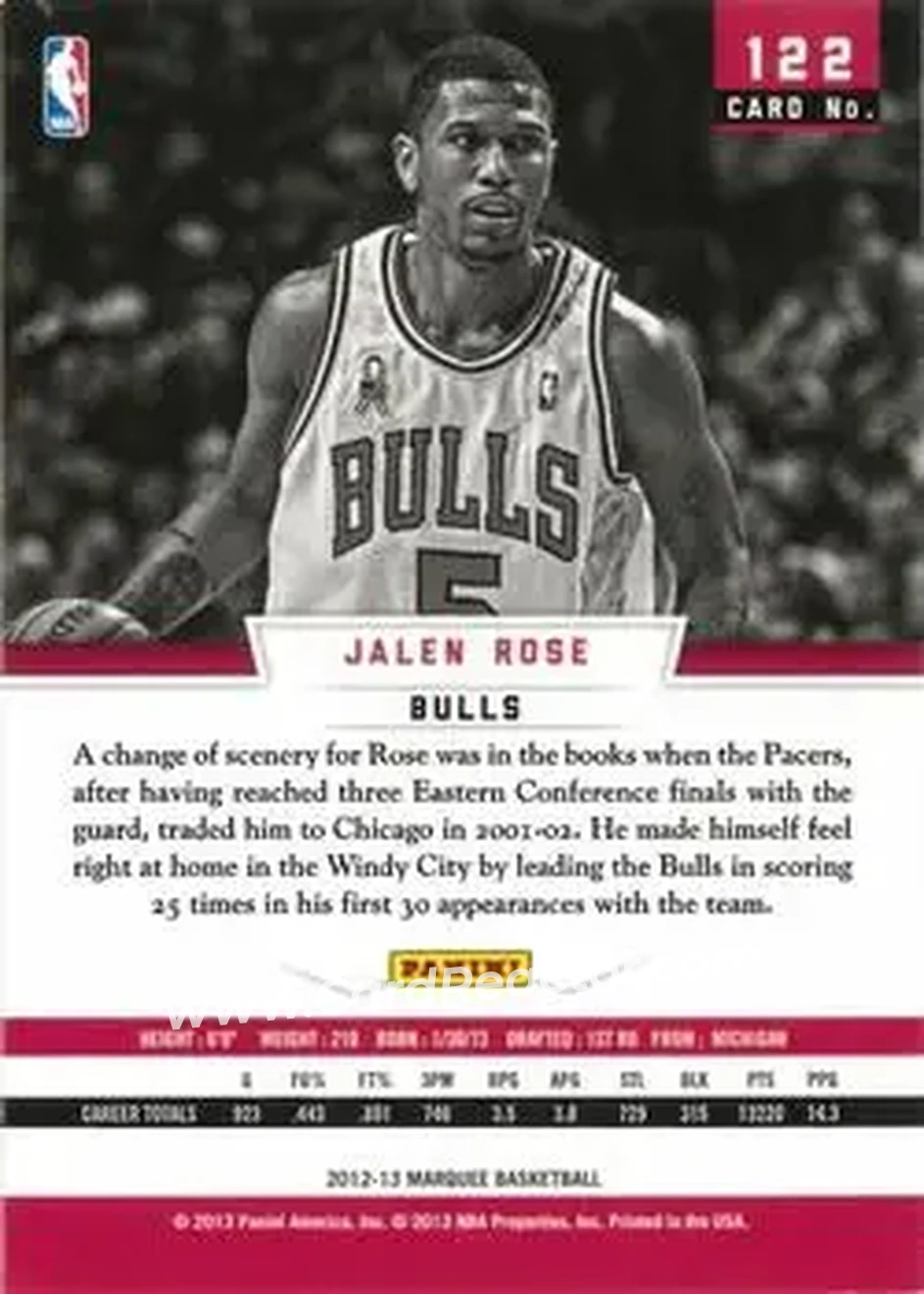 2012-13 Panini Marquee #122 - Jalen Rose - Chicago Bulls - Back