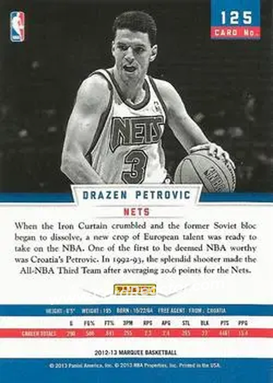 2012-13 Panini Marquee #125 - Dražen Petrović - New Jersey Nets - Back