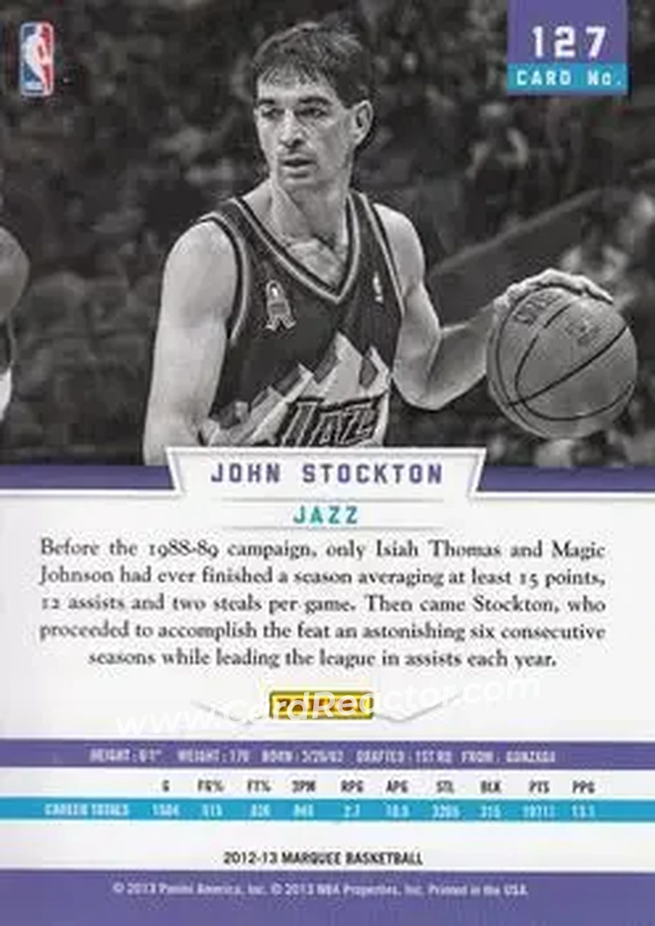 2012-13 Panini Marquee #127 - John Stockton - Utah Jazz - Back