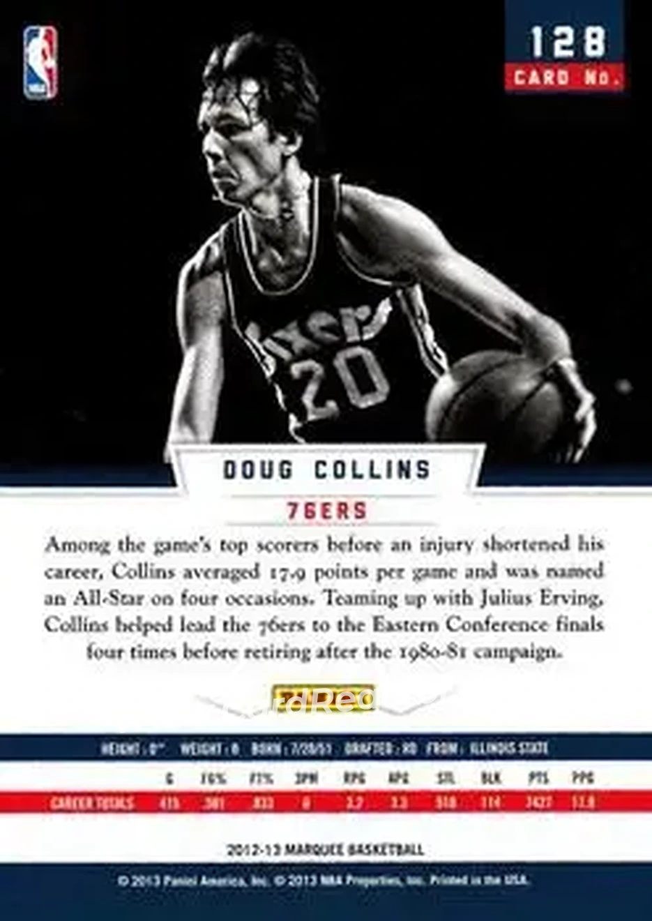 2012-13 Panini Marquee #128 - Doug Collins - Philadelphia 76ers - Back 2012-13 Panini Marquee #128 - Doug Collins - Philadelphia 76ers - Back