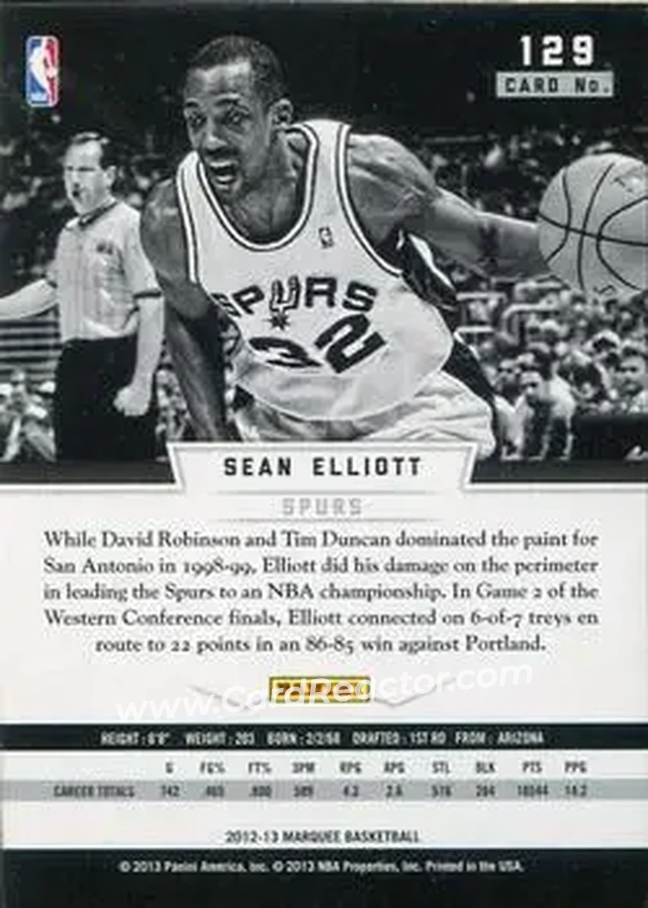 2012-13 Panini Marquee #129 - Sean Elliott - San Antonio Spurs - Back