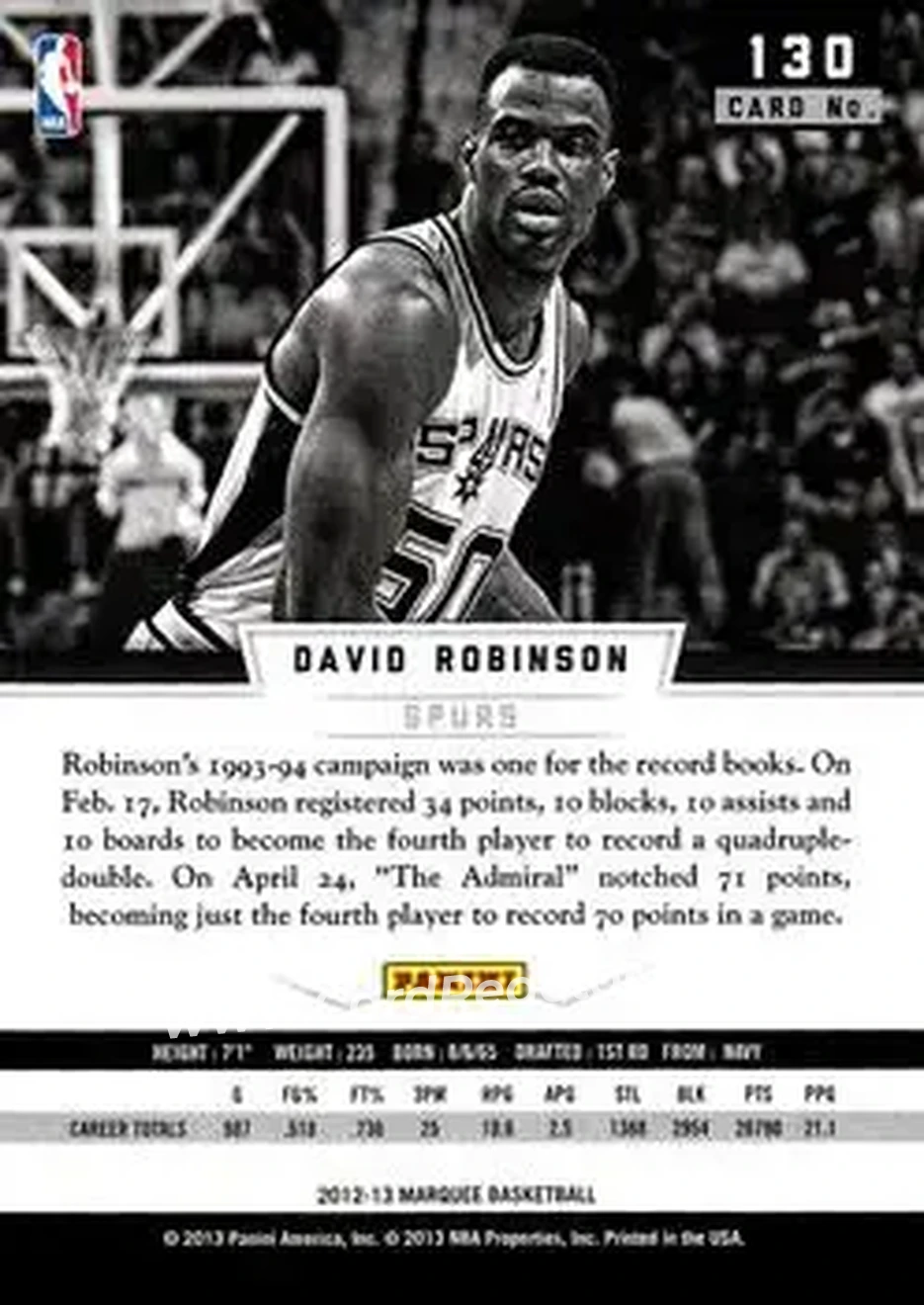 2012-13 Panini Marquee #130 - David Robinson - San Antonio Spurs - Back 2012-13 Panini Marquee #130 - David Robinson - San Antonio Spurs - Back
