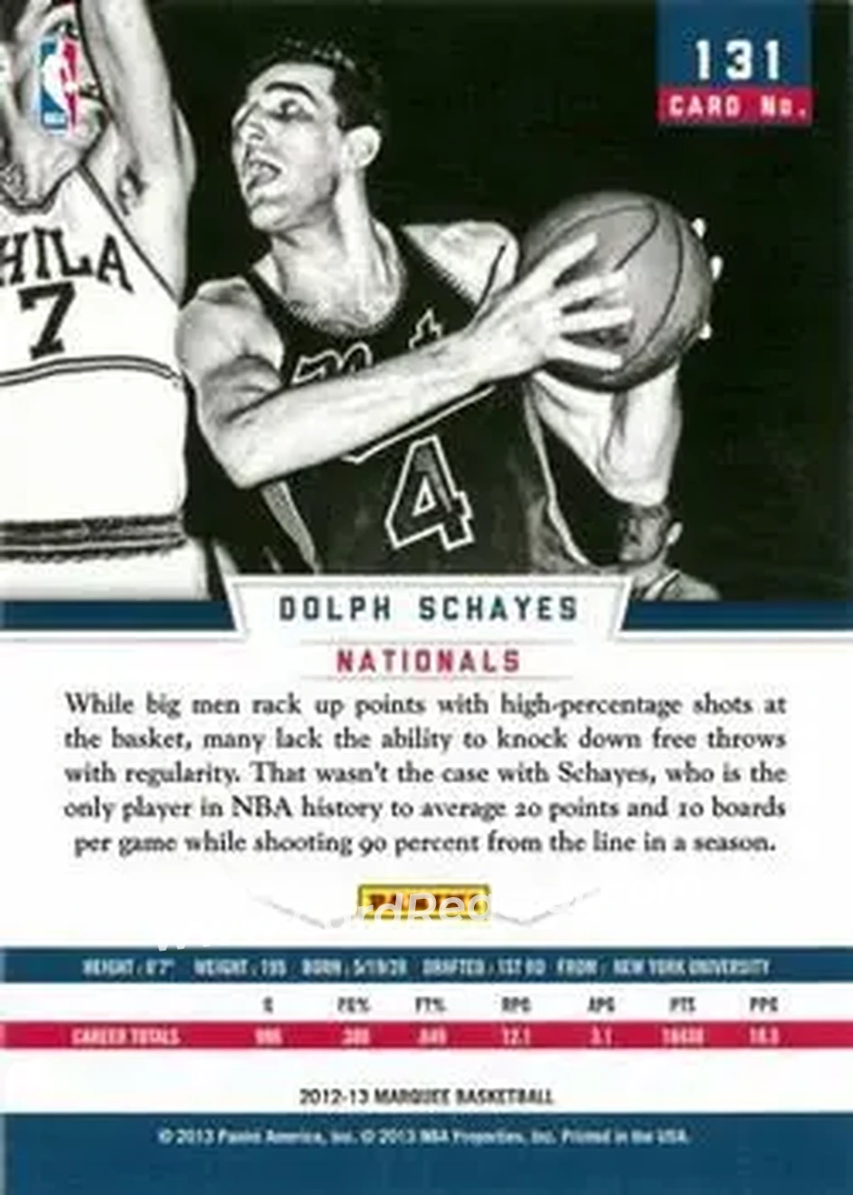 2012-13 Panini Marquee #131 - Dolph Schayes - Syracuse Nationals - Back 2012-13 Panini Marquee #131 - Dolph Schayes - Syracuse Nationals - Back