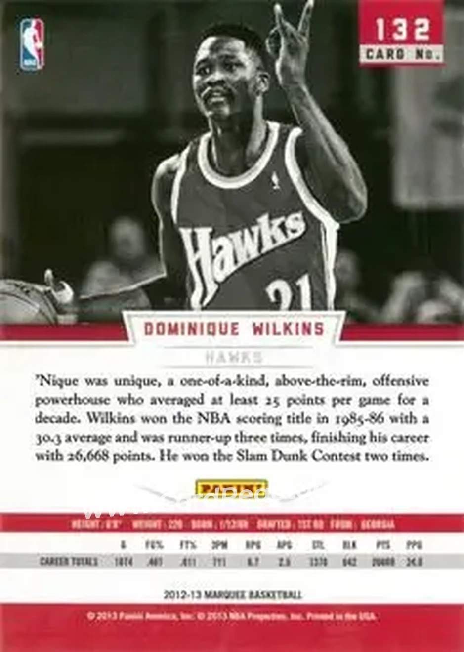 2012-13 Panini Marquee #132 - Dominique Wilkins - Atlanta Hawks - Back 2012-13 Panini Marquee #132 - Dominique Wilkins - Atlanta Hawks - Back