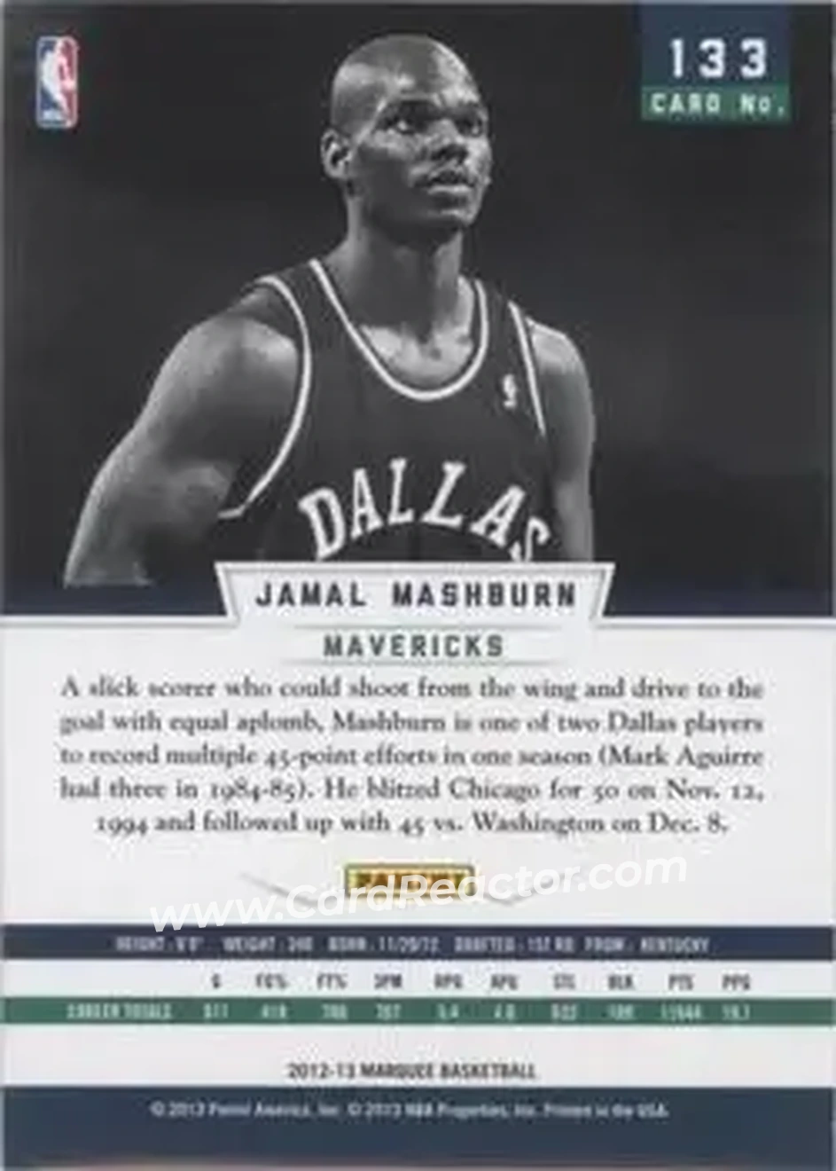 2012-13 Panini Marquee #133 - Jamal Mashburn - Dallas Mavericks - Back
