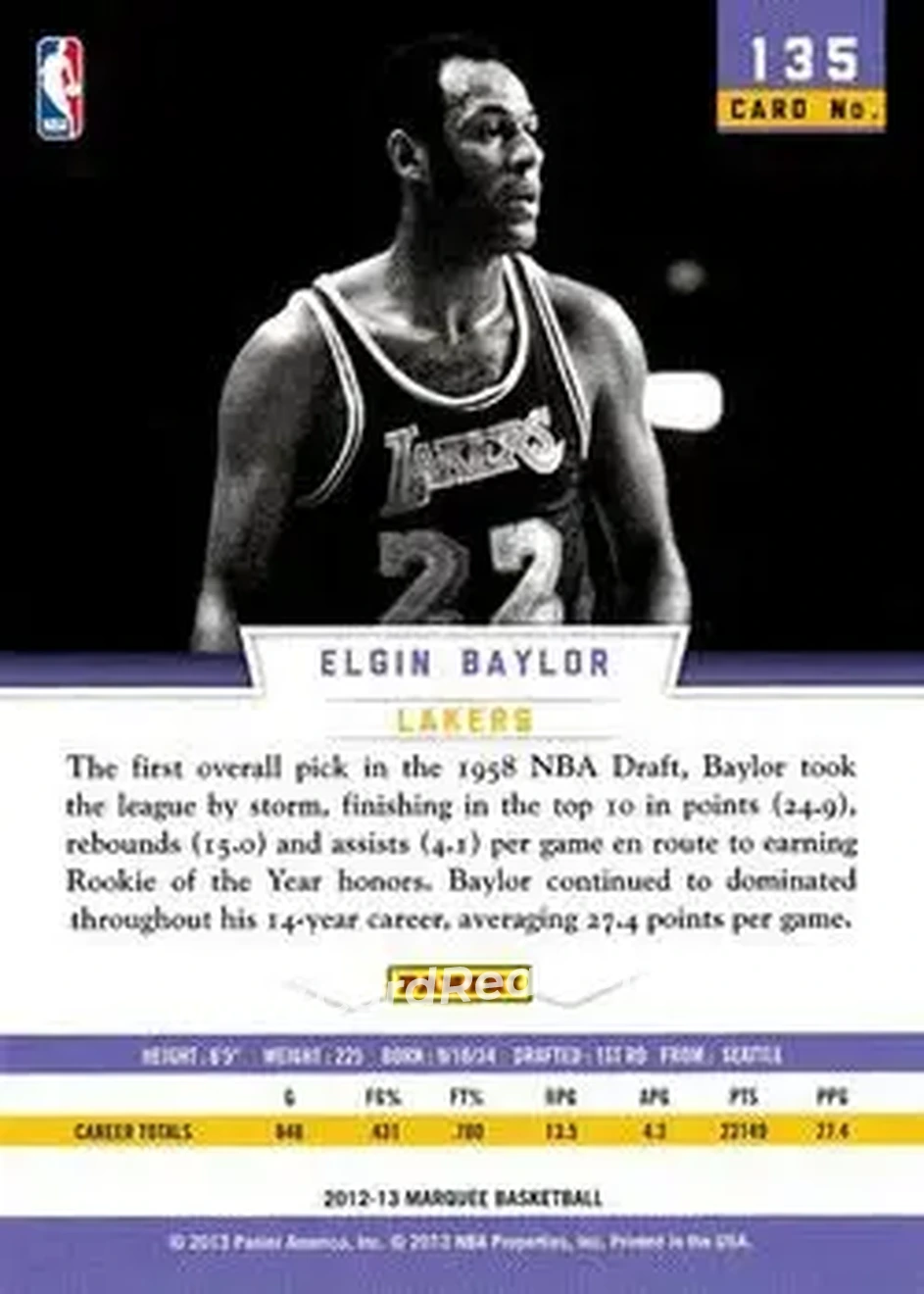 2012-13 Panini Marquee #135 - Elgin Baylor - Los Angeles Lakers - Back