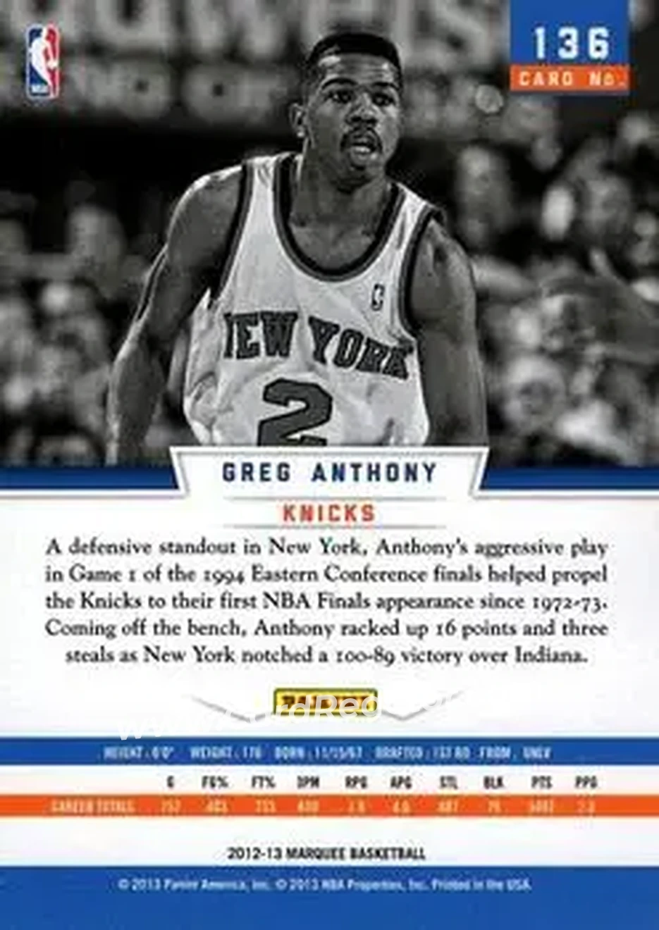2012-13 Panini Marquee #136 - Greg Anthony - New York Knicks - Back