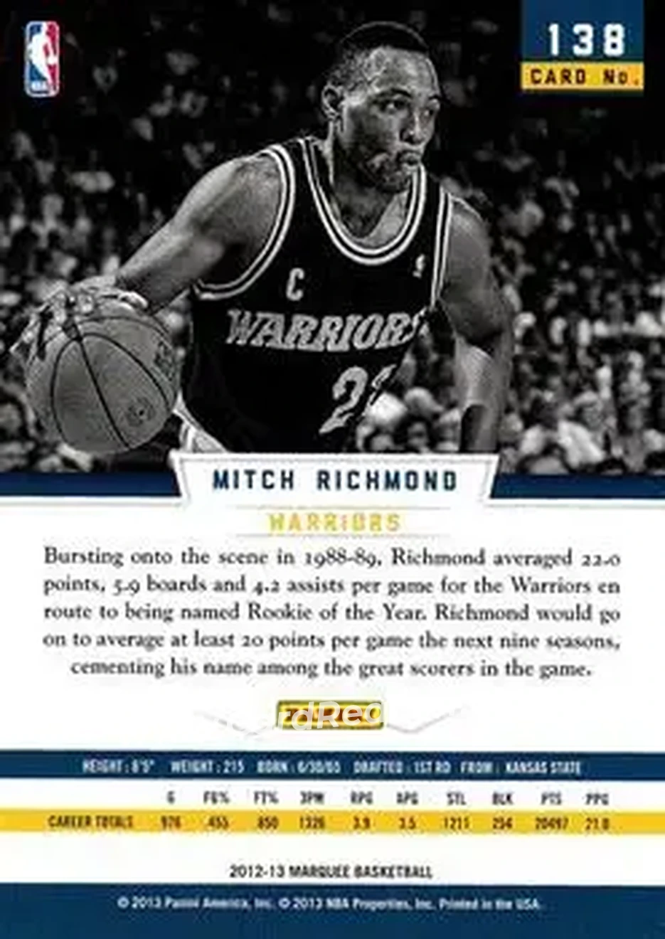 2012-13 Panini Marquee #138 - Mitch Richmond - Golden State Warriors - Back 2012-13 Panini Marquee #138 - Mitch Richmond - Golden State Warriors - Back